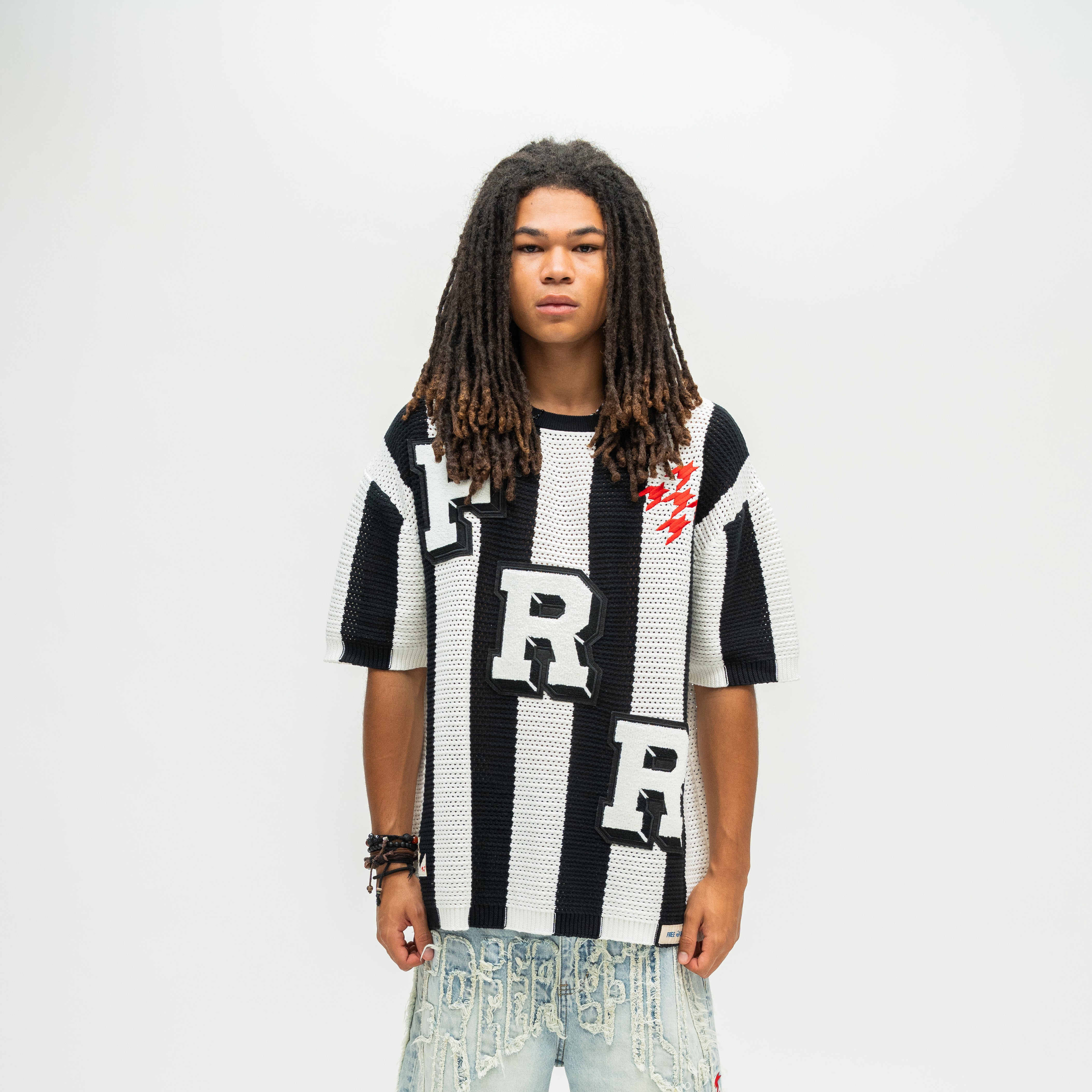 Striped Crochet Knit Jersey Shirt - Black