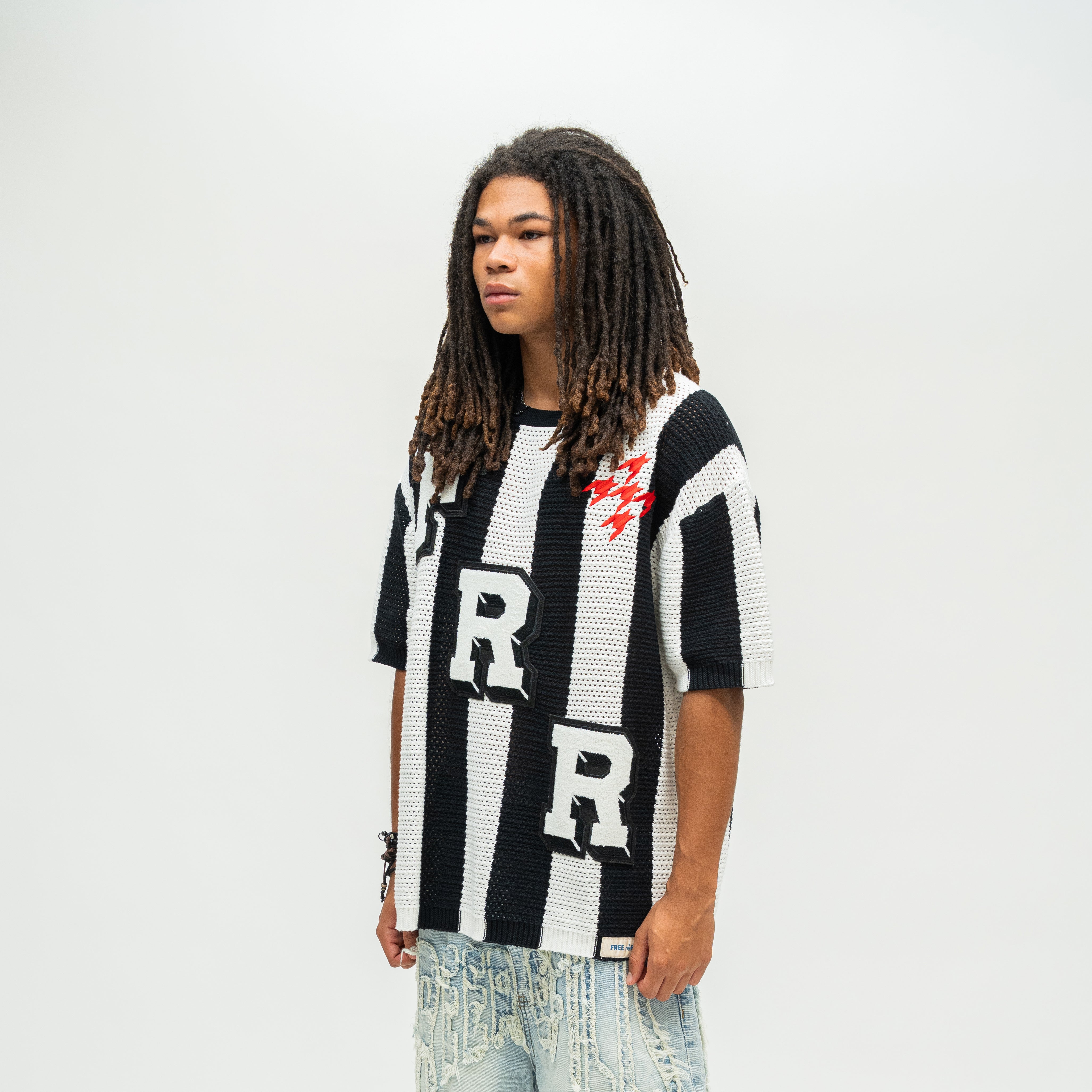 Striped Crochet Knit Jersey Shirt - Black
