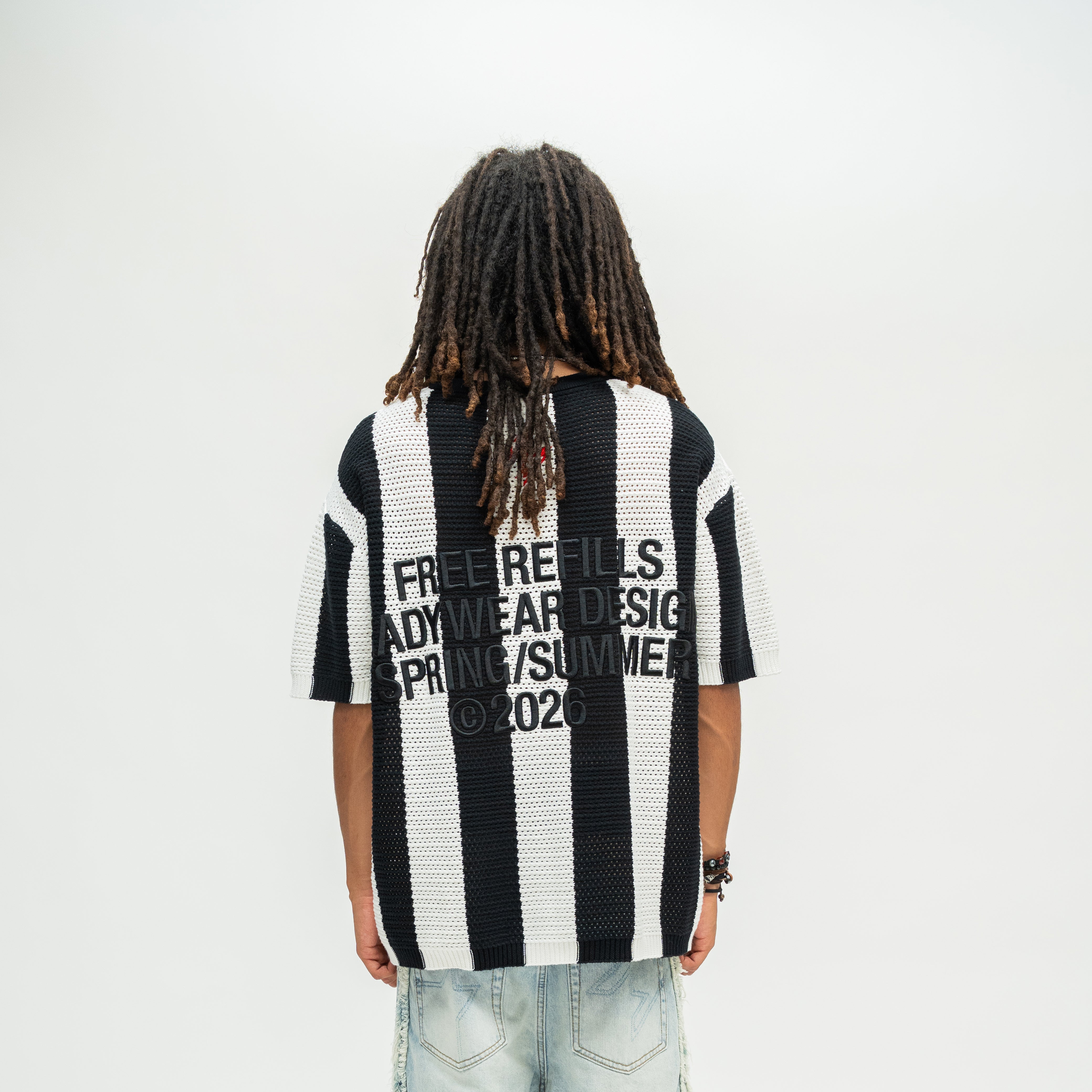 Striped Crochet Knit Jersey Shirt - Black