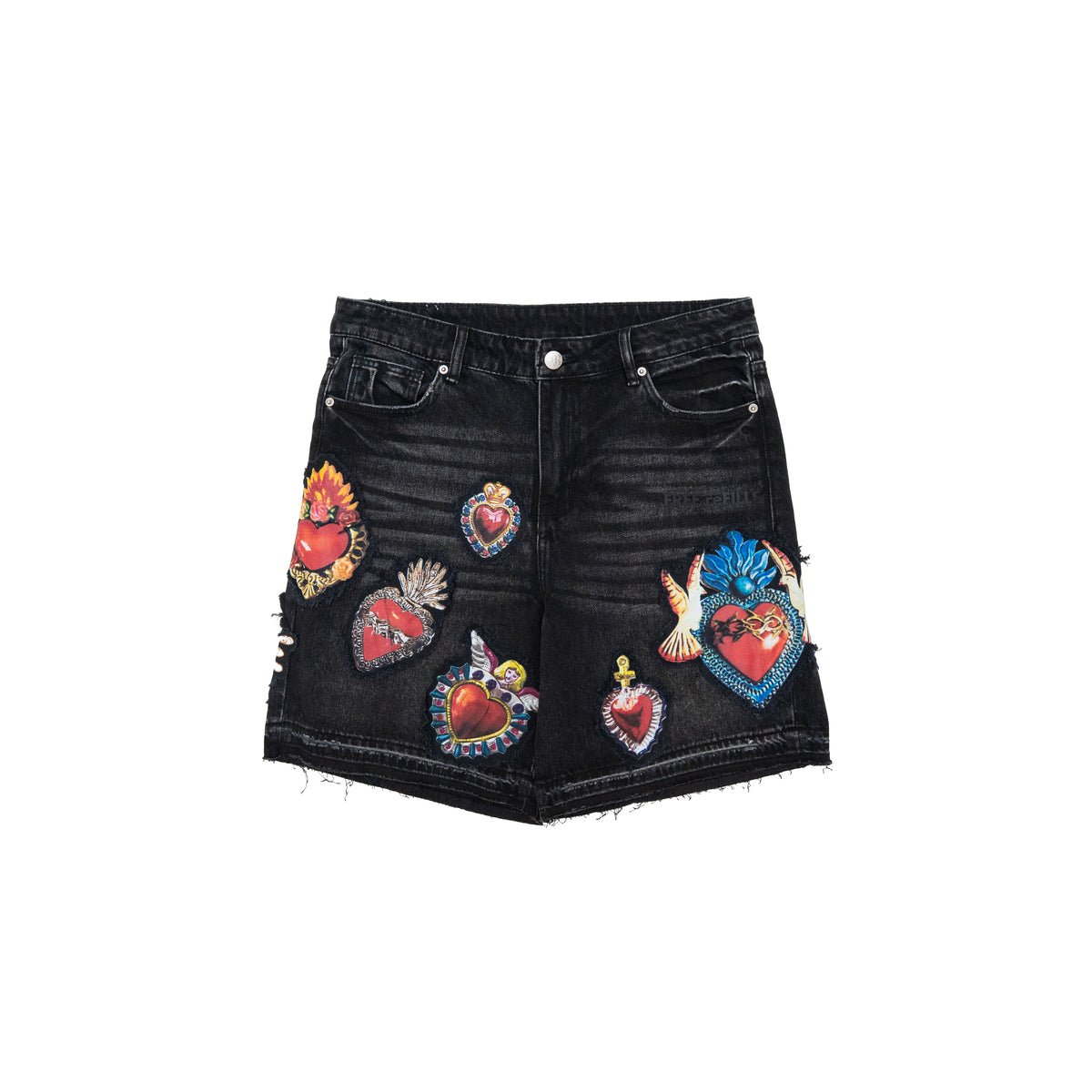 Black denim shorts with distressed frayed hems and multiple colorful embroidered Sacred Heart patches on the front, shown against a plain white background.