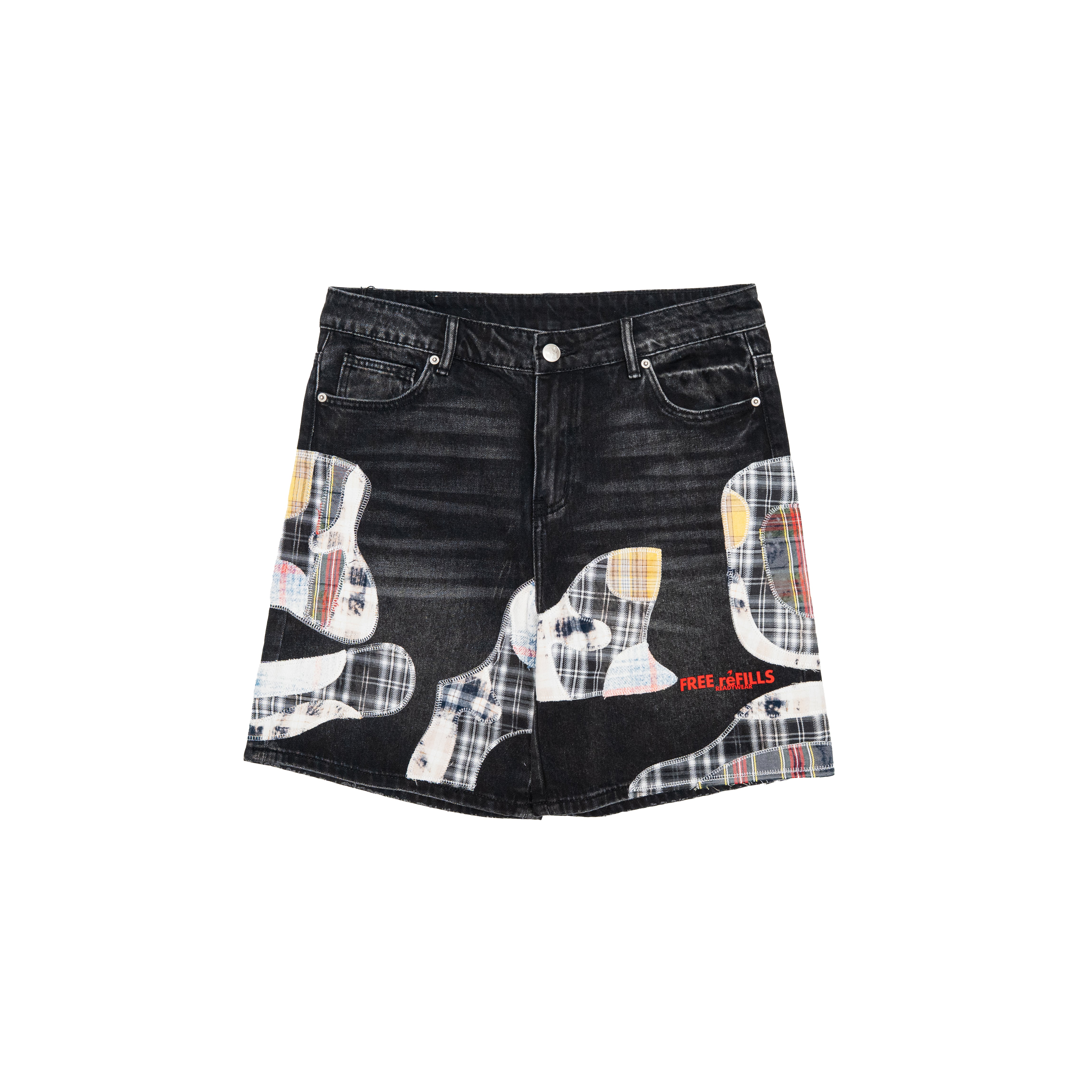 A black denim mini skirt with a unique guitar-shaped patchwork print and red embroidered text on the lower right front, displayed flat against a solid white background.