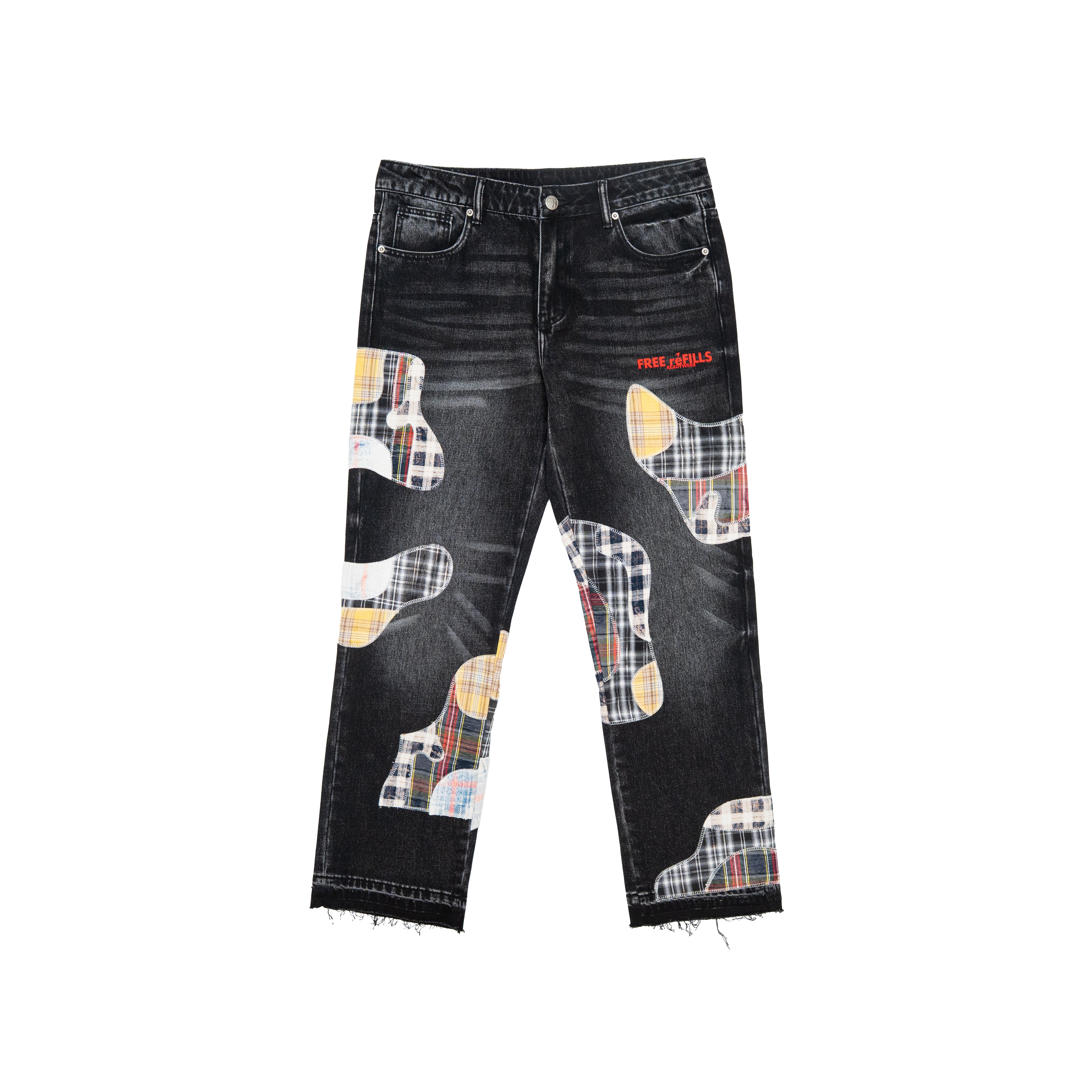 Black denim jeans with abstract camouflage patchwork overlays in plaid and solid colors, featuring a small red embroidered logo on the upper right thigh.