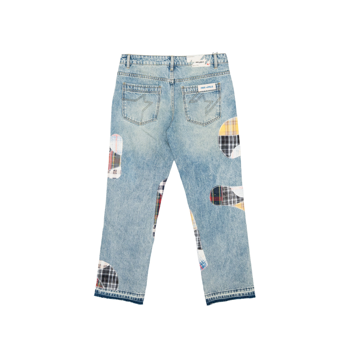 Light blue denim jeans shown from the back, featuring distressed details and colorful plaid patchwork accents on the pockets and lower legs.