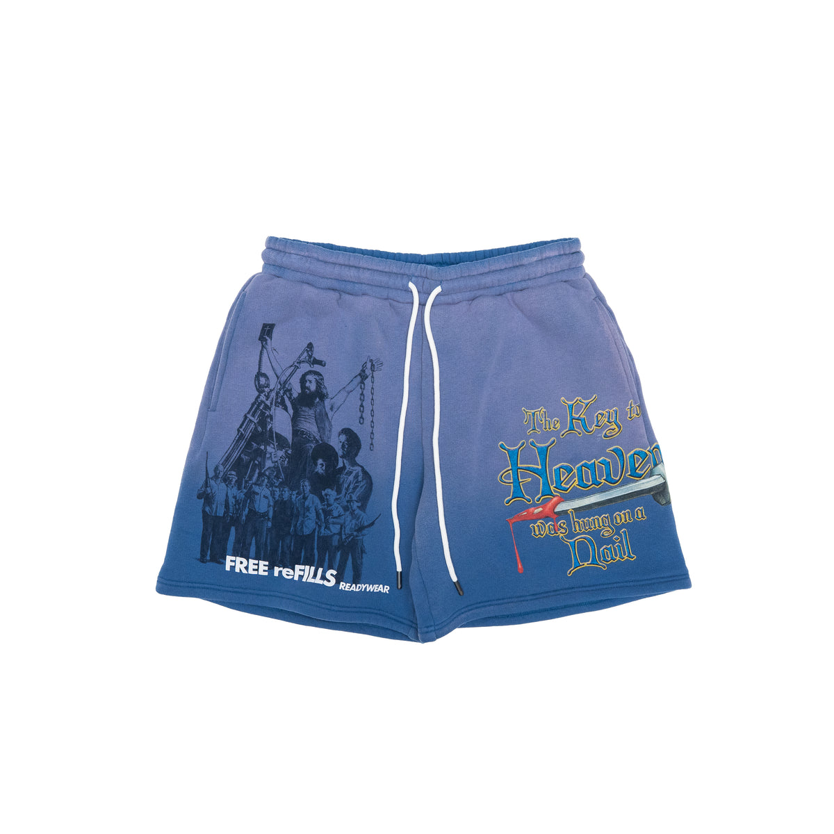 Blue graphic sweat shorts with white drawstrings, featuring a black print of a religious scene on the left leg and colorful text on the right leg reading 'The Key to Heaven' and 'FREE REFILLS READYWEAR"