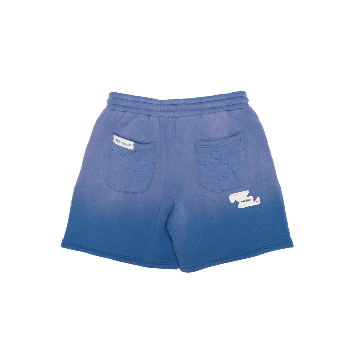 Blue gradient sweat shorts with white embroidered logos on the back pockets, shown from the back on a white background.