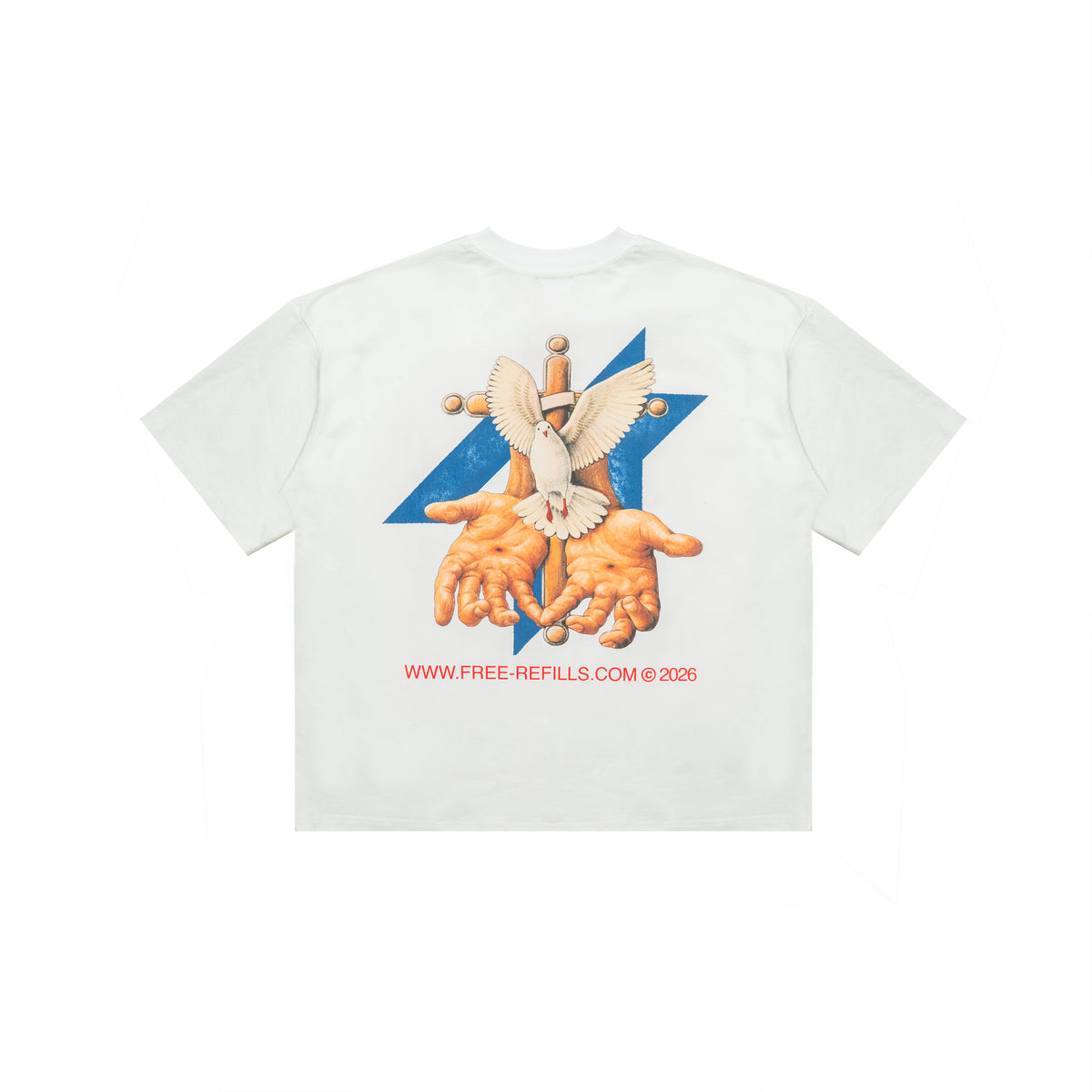 A white short-sleeve t-shirt shown flat against a white background, featuring a large graphic print on the back with a dove, a sword, two hands, a blue star, and red text reading 'WWW.FREE-REFILLS.