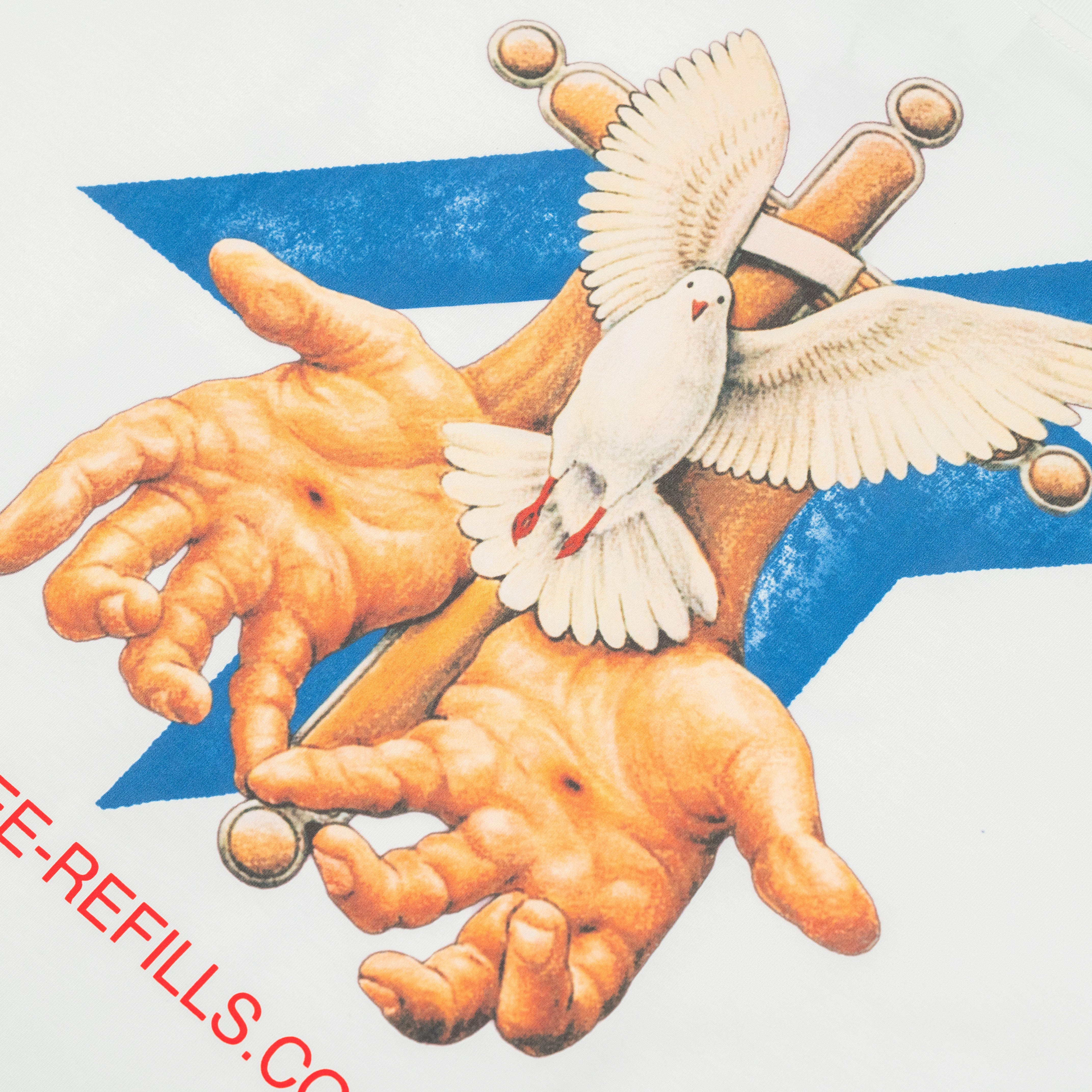 A graphic illustration of two open hands holding a wooden cross, with a white dove resting on the cross and a blue geometric background. Red text at the lower left reads 'FREE-REFILLS'