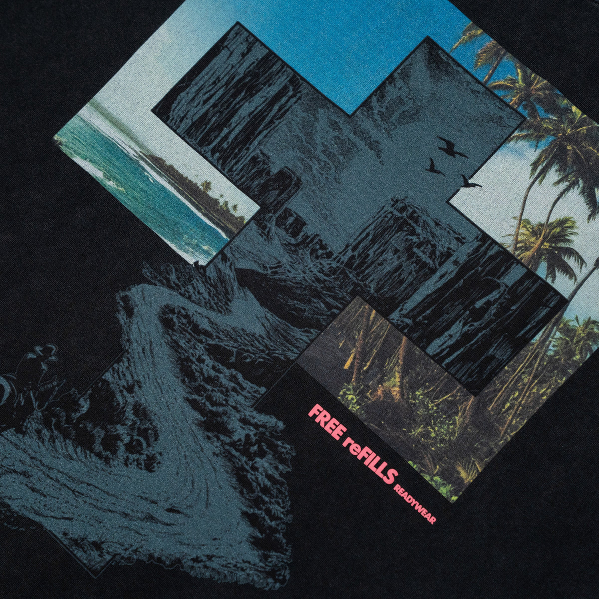 A close-up of a graphic t-shirt print featuring a collage of tropical beach and forest scenes framed by a large blue cross on a black background. The text 'FREE reFILLS READYWEAR is printed in red on one of the inset photo panels.
