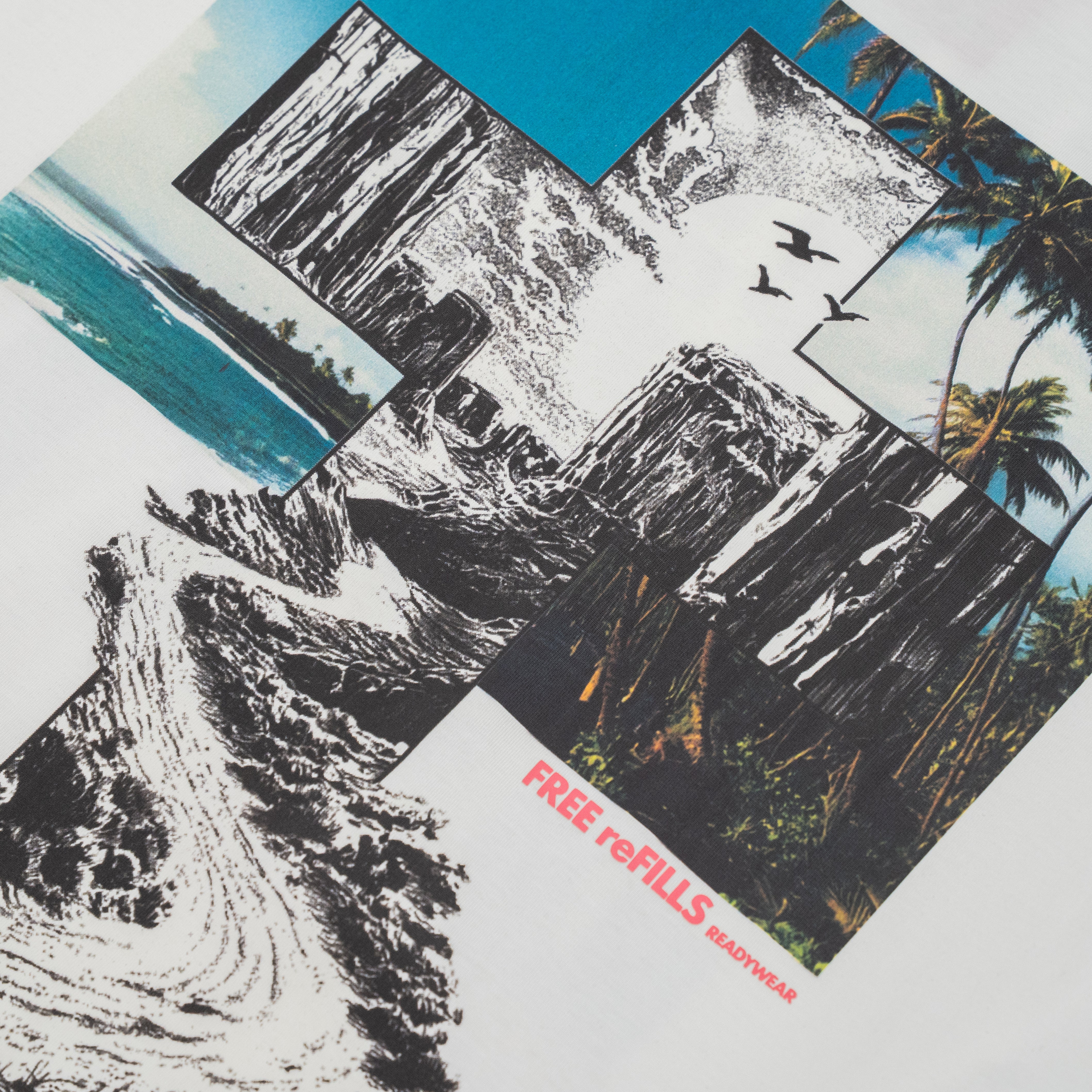 A close-up of a graphic print or patch featuring a collage of tropical beach and mountain scenes in black, white, and blue, with red text reading 'FREE refILLS' and smaller 'READYWEAR' near the bottom.