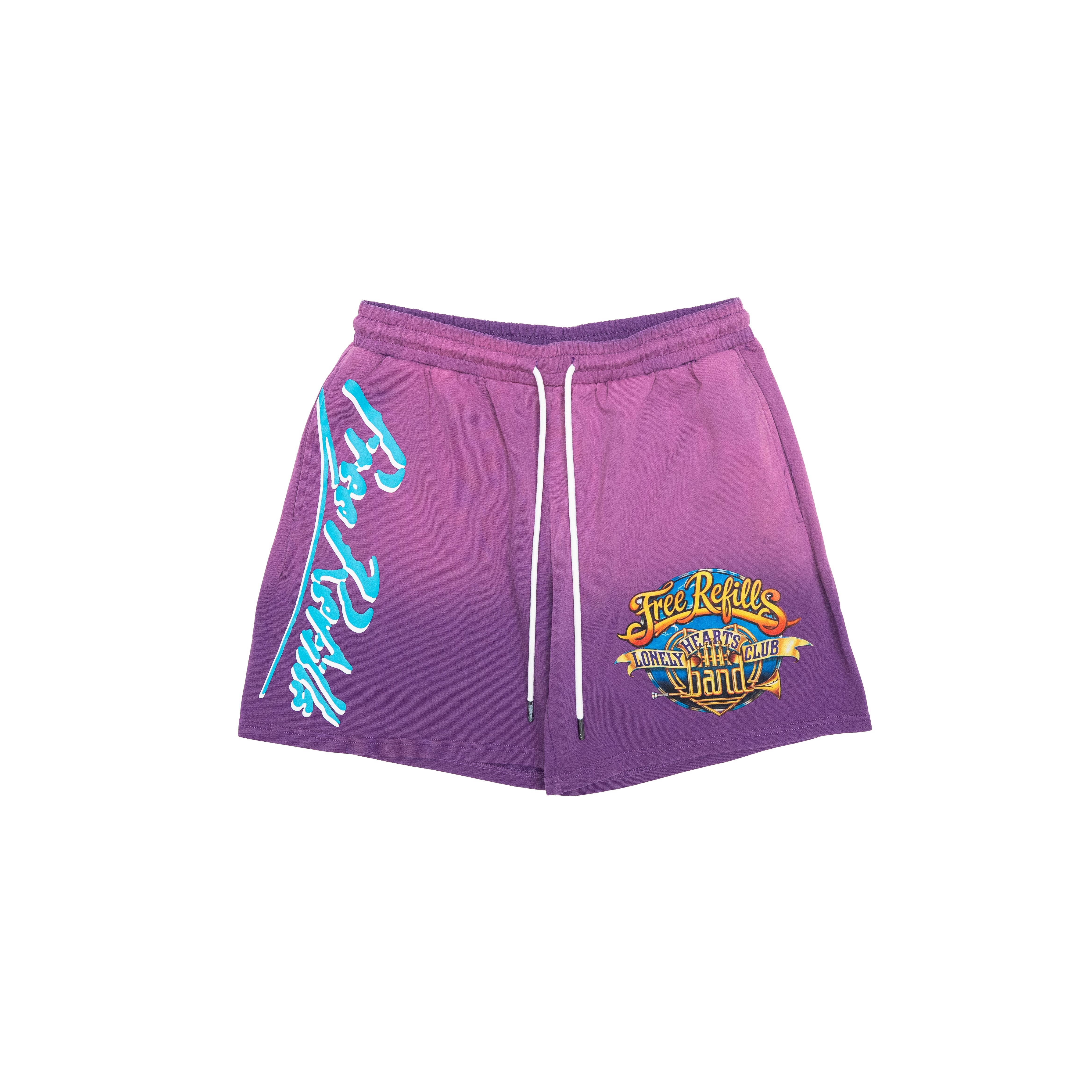 Purple gradient athletic shorts with a white drawstring, featuring a turquoise script graphic on the left leg and a colorful 'Lonely Hearts Club' patch on the right leg, shown against a plain white background.