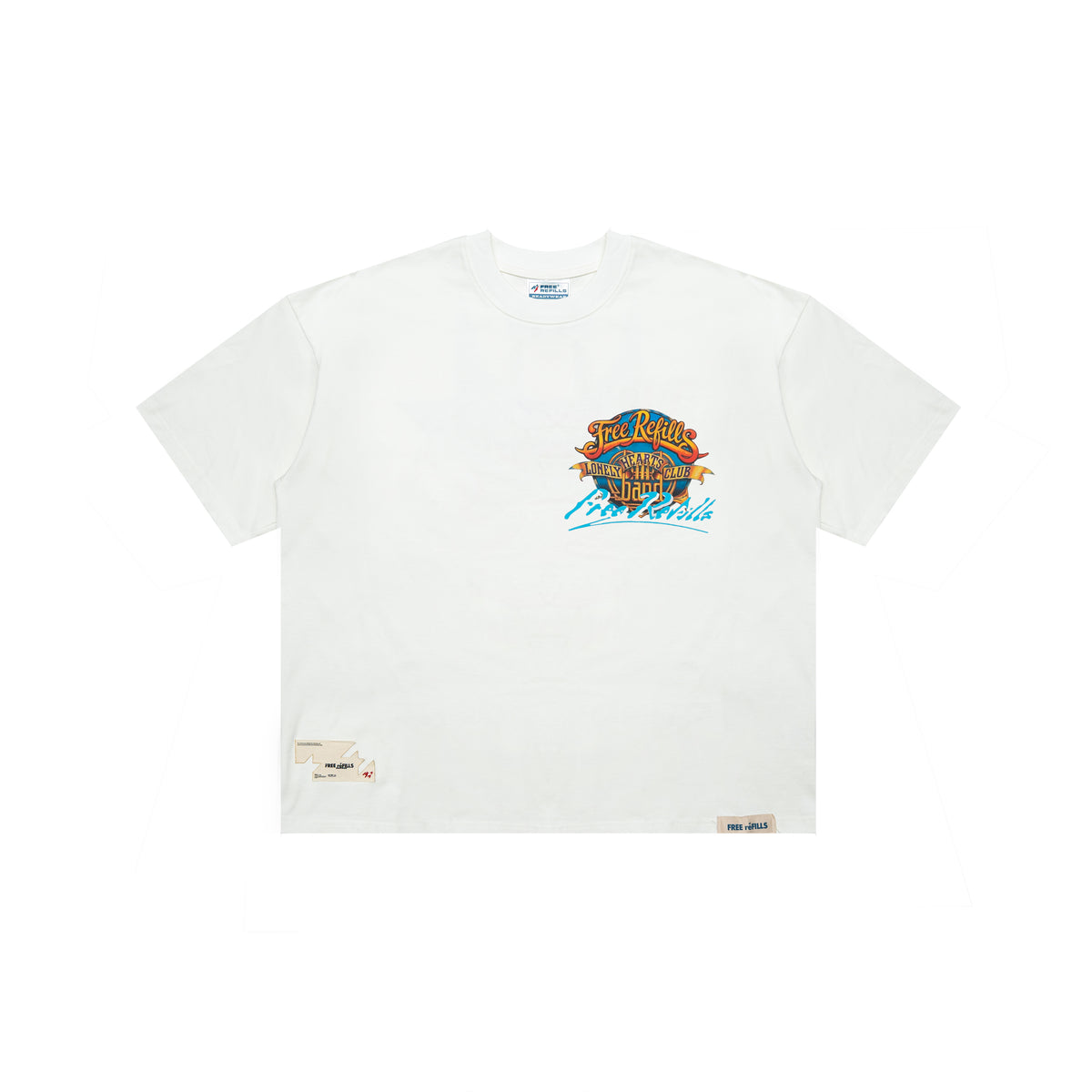 An off-white short-sleeve t-shirt with a colorful graphic on the left chest reading 'The Lonely Hearts Club' and 'Los Angeles' in blue script, displayed flat against a white background.