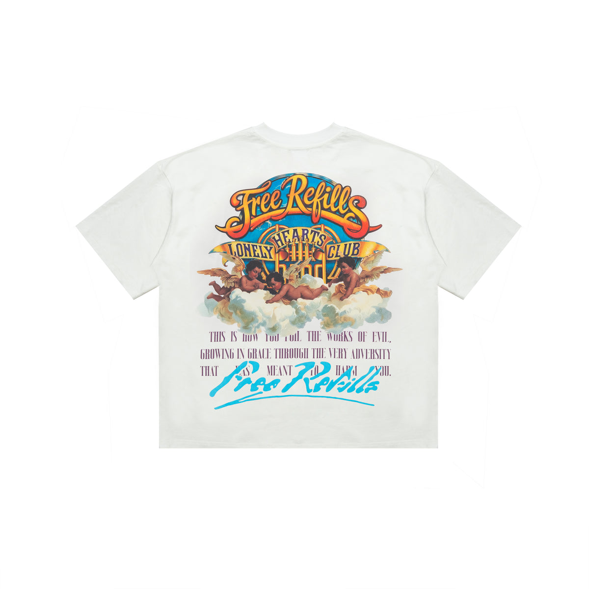 A white short-sleeve t-shirt with a large, colorful graphic print on the back. The graphic features the text 'Free Refills' in a wavy orange font, 'Lonely Hearts Club' in yellow, and a classical painting of winged figures, with 'FREE Refills' written in blue cursive at the bottom.