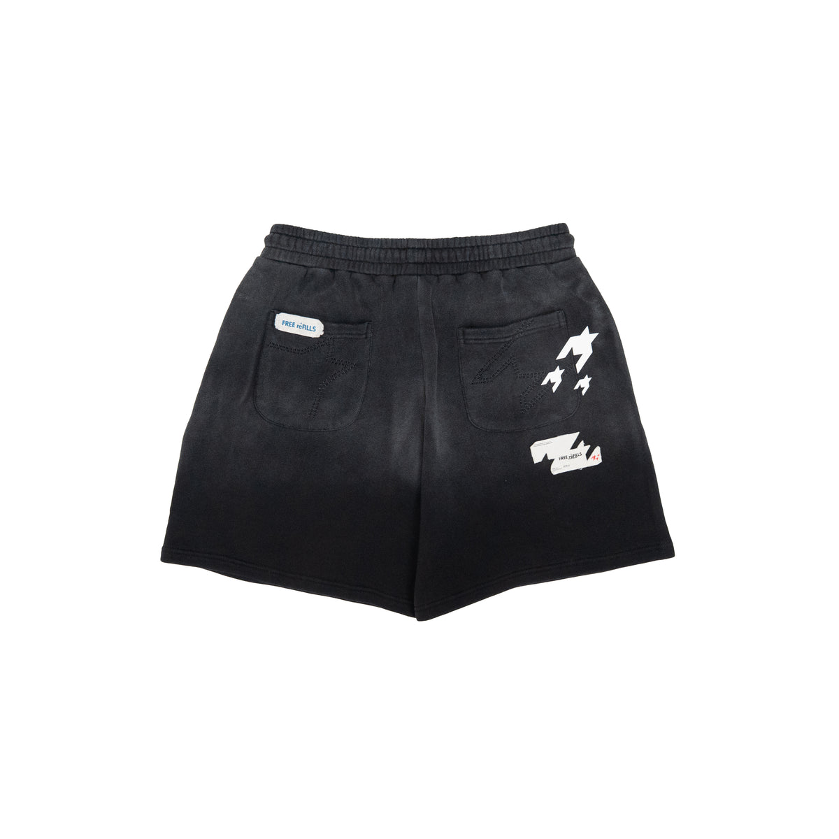 Black washed denim shorts with a white graphic print on the right leg and a small white brand patch on the left pocket, shown against a plain white background.