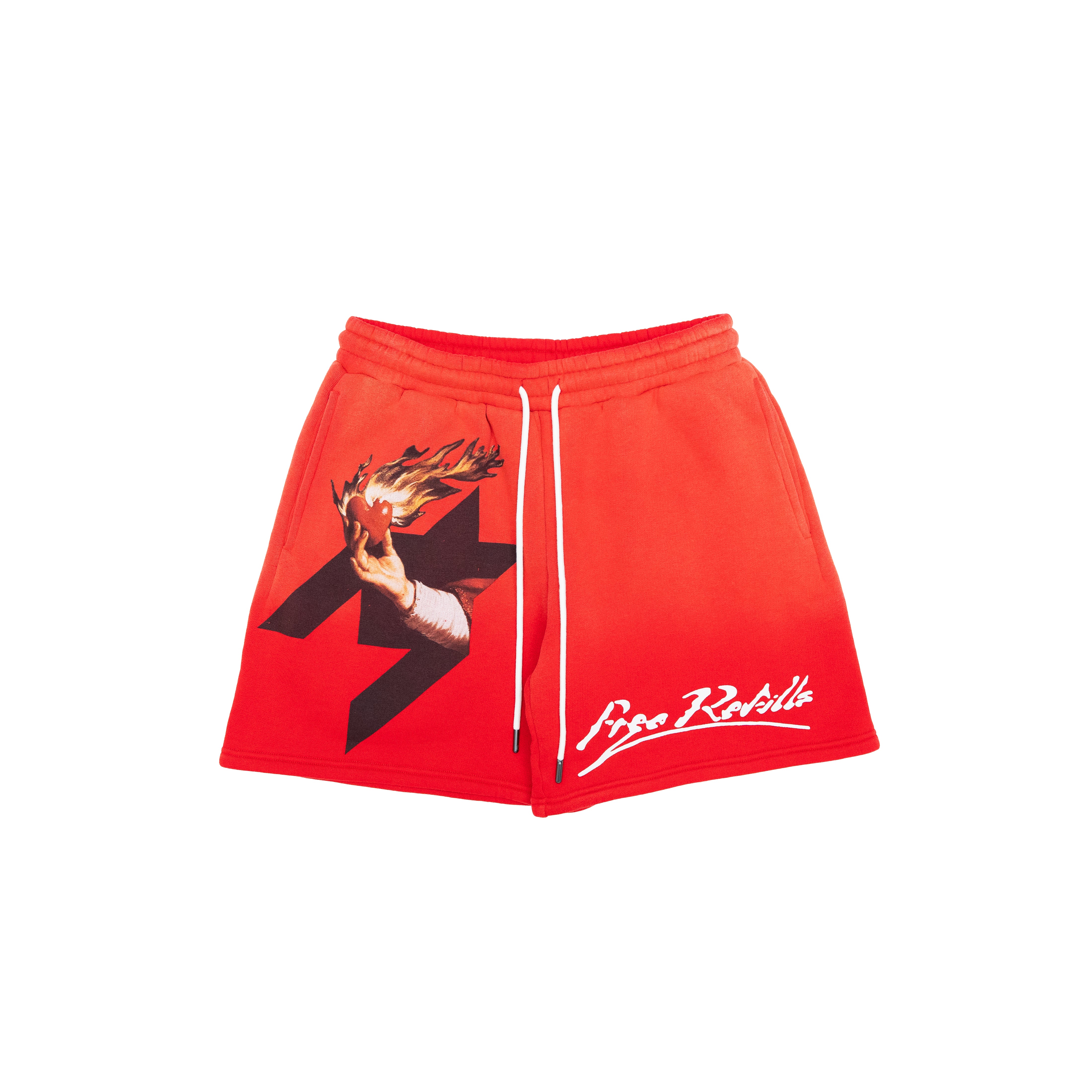 Red athletic shorts featuring a black and orange flame graphic on the left side, white drawstrings, and 'Free ReFILLS' printed in white script on the right leg, shown against a plain white background.