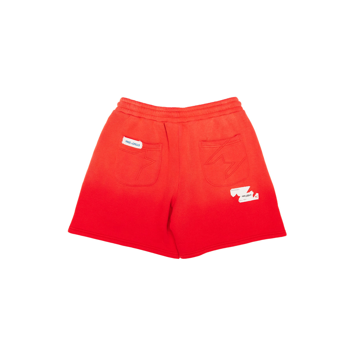 Red gradient sweat shorts with white embroidered logos on the back pocket and side, shown against a plain white background.