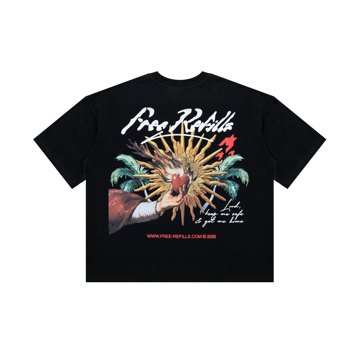 A black short-sleeve t-shirt with a large graphic print on the front. The graphic features the text 'Free Refills' in white script, a red heart, a hand holding a red heart, green palm trees, and a red star, with additional text and a website URL at the bottom.