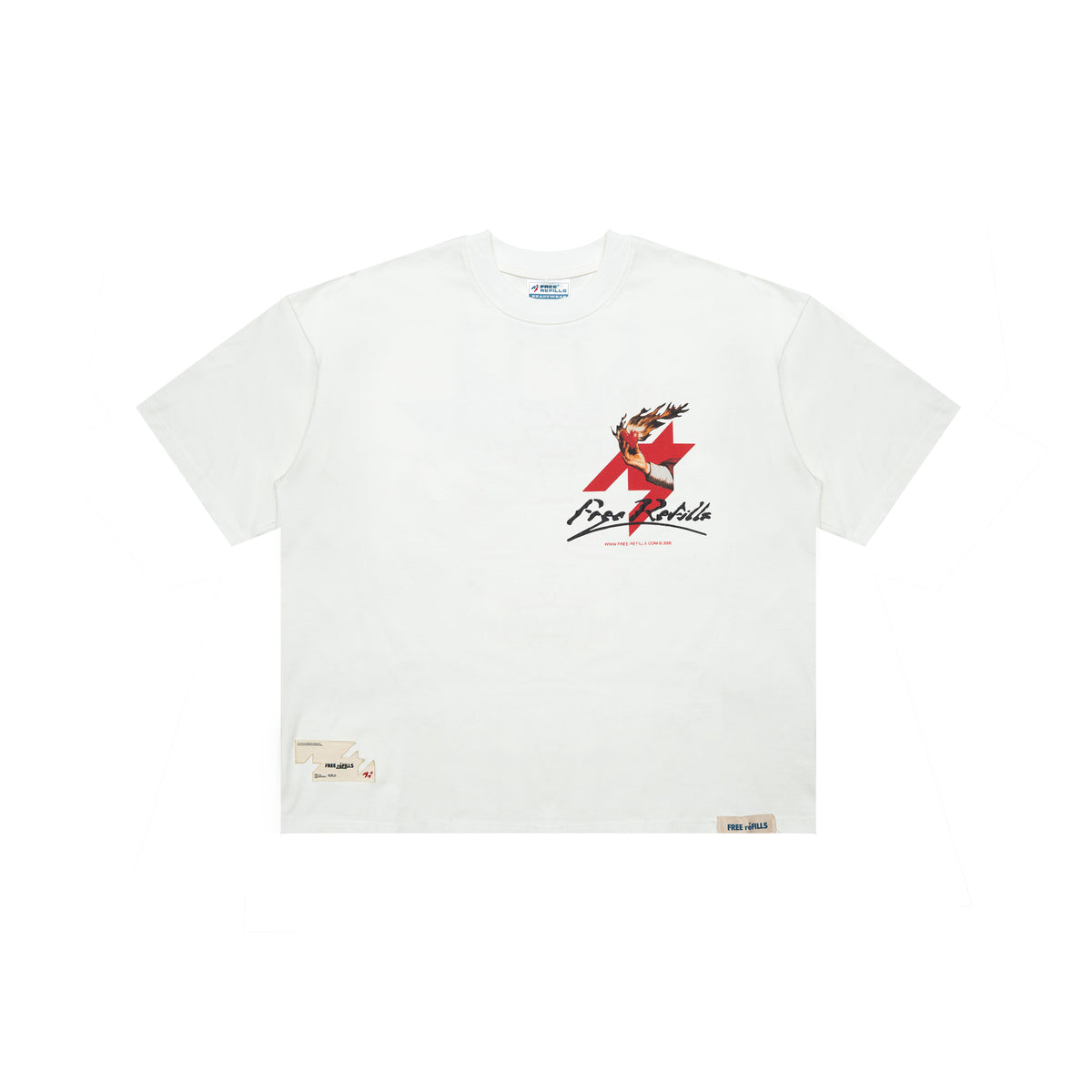 An off-white short-sleeve t-shirt featuring a graphic on the left chest of a female gymnast in red and black over a large red logo, with 'FREE REFILLS' written below. The shirt also has small beige labels sewn onto the lower hem.