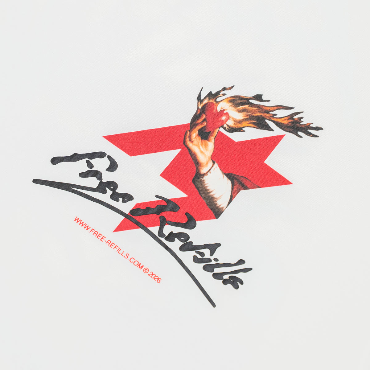 A close-up of a graphic print on a light gray fabric. The design features a hand holding a burning red heart in front of a large red star, with black cursive text reading 'Free Refills' and smaller red website text 'WWW.