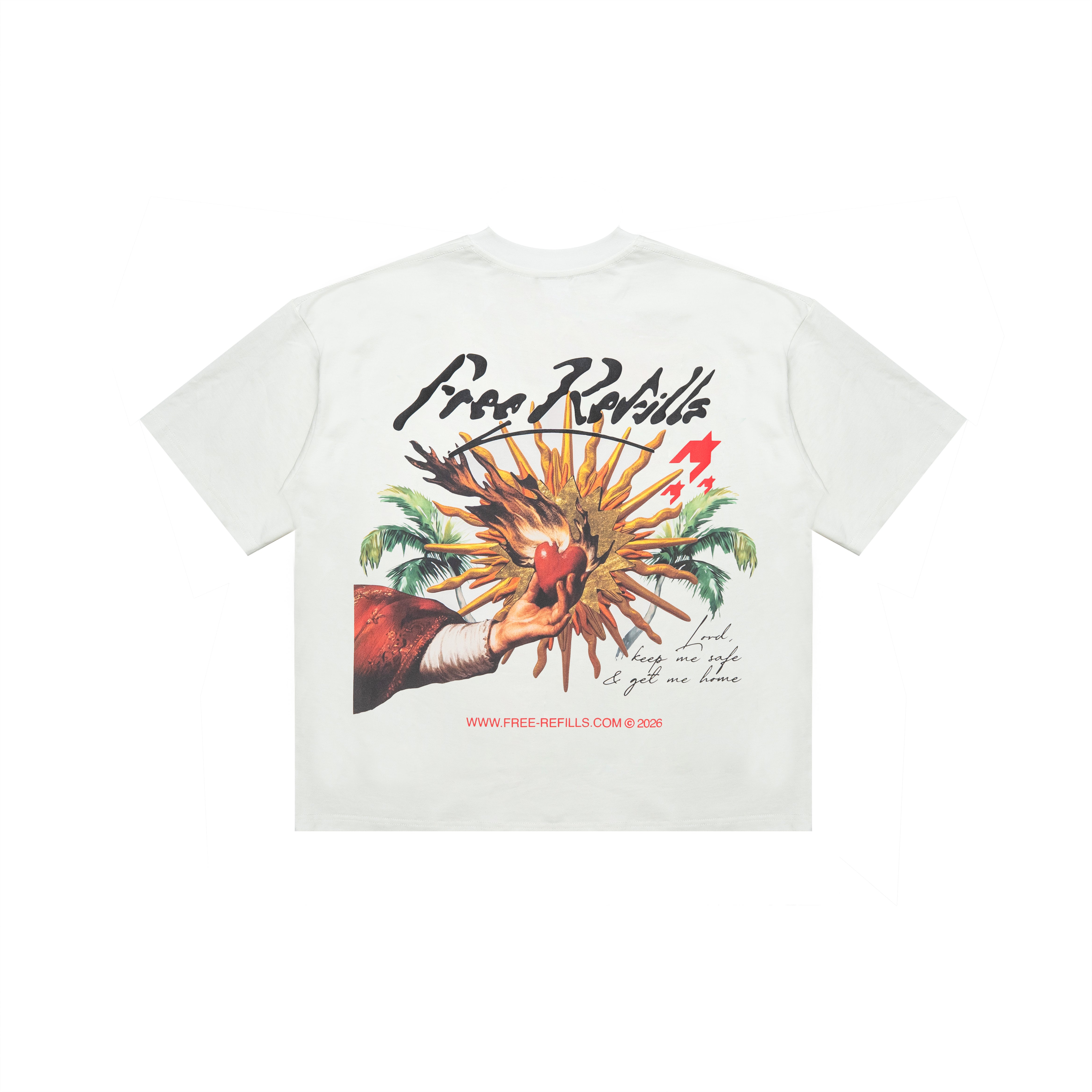 A white short-sleeve t-shirt with a large graphic print on the front. The graphic features the text 'Free Refills' in black script, a red heart, a red bird, green palm trees, and a hand holding a sunburst, with the website 'WWW.