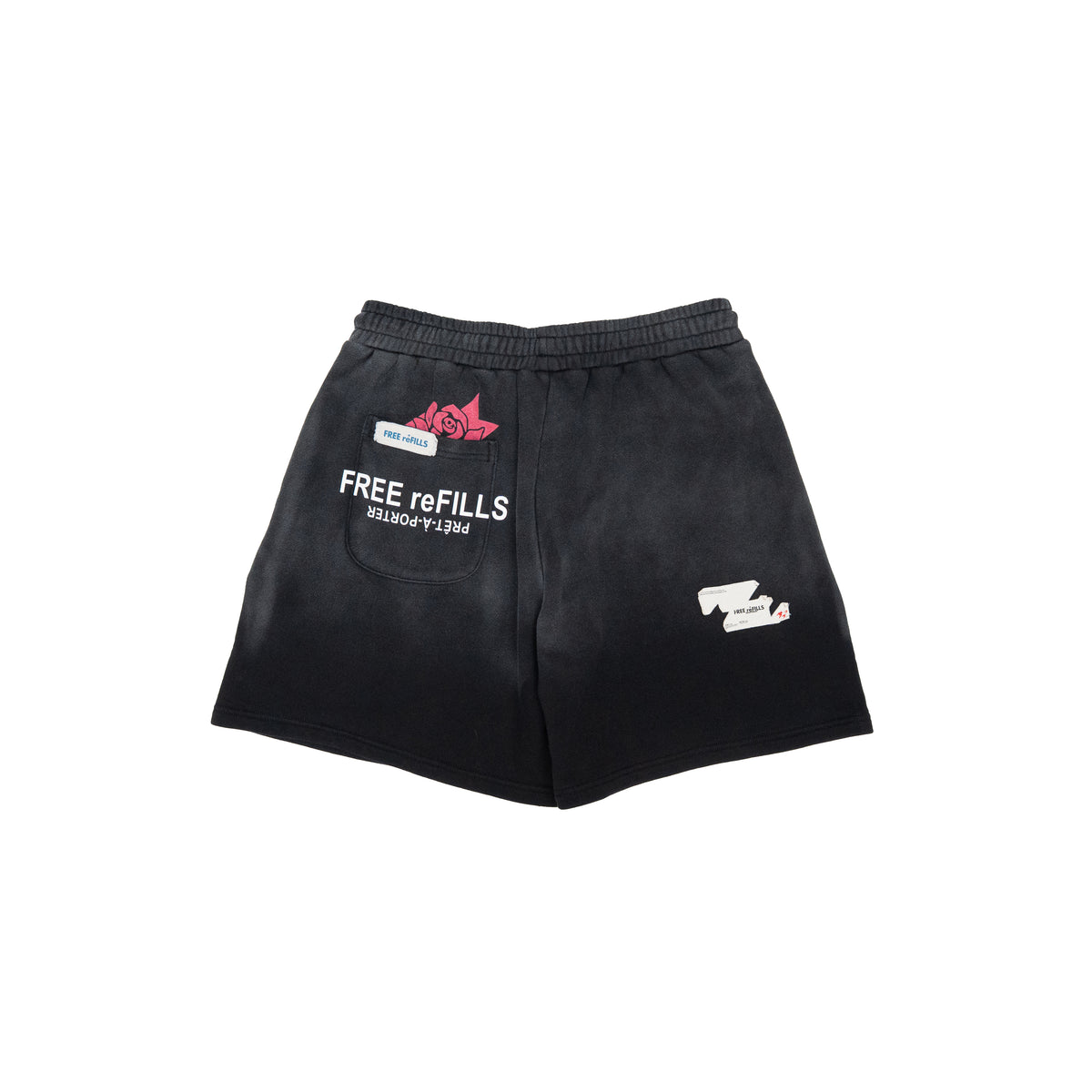 Black athletic shorts with white and red printed graphics, featuring a front pocket with 'FREE refILLS' text and a white logo on the left leg, shown against a plain white background.