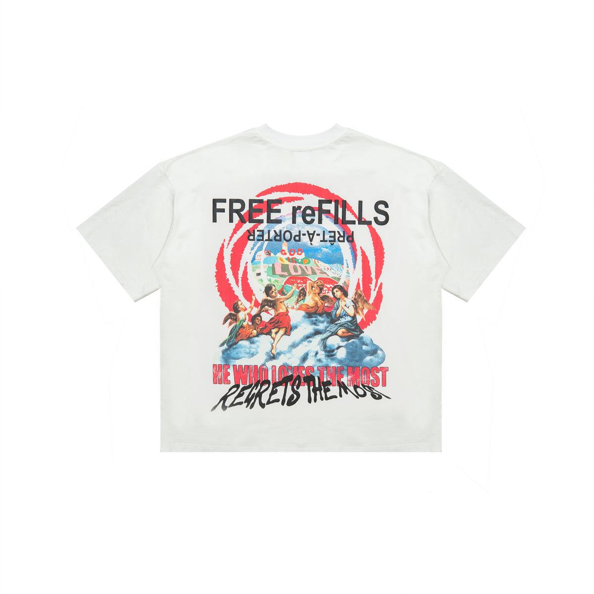 A white short-sleeve t-shirt shown flat against a white background, featuring a large graphic print on the back with the text 'FREE refills' and 'PRET-A-PORTER' in black, alongside a colorful anime-style illustration and red text.