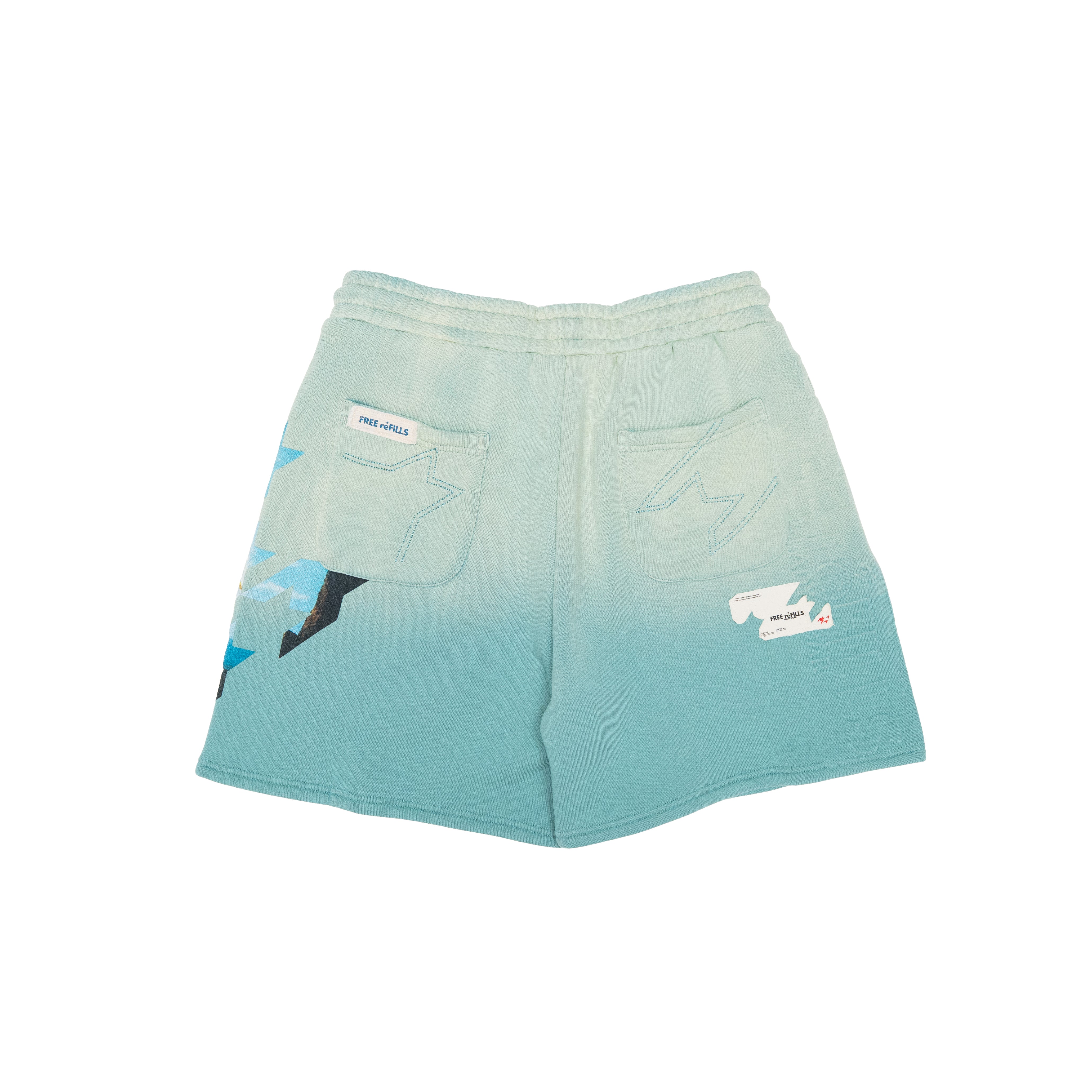 A pair of light blue and mint green gradient sweat shorts with a graphic print on the left leg, featuring two back pockets with white embroidered logos, shown against a plain white background.