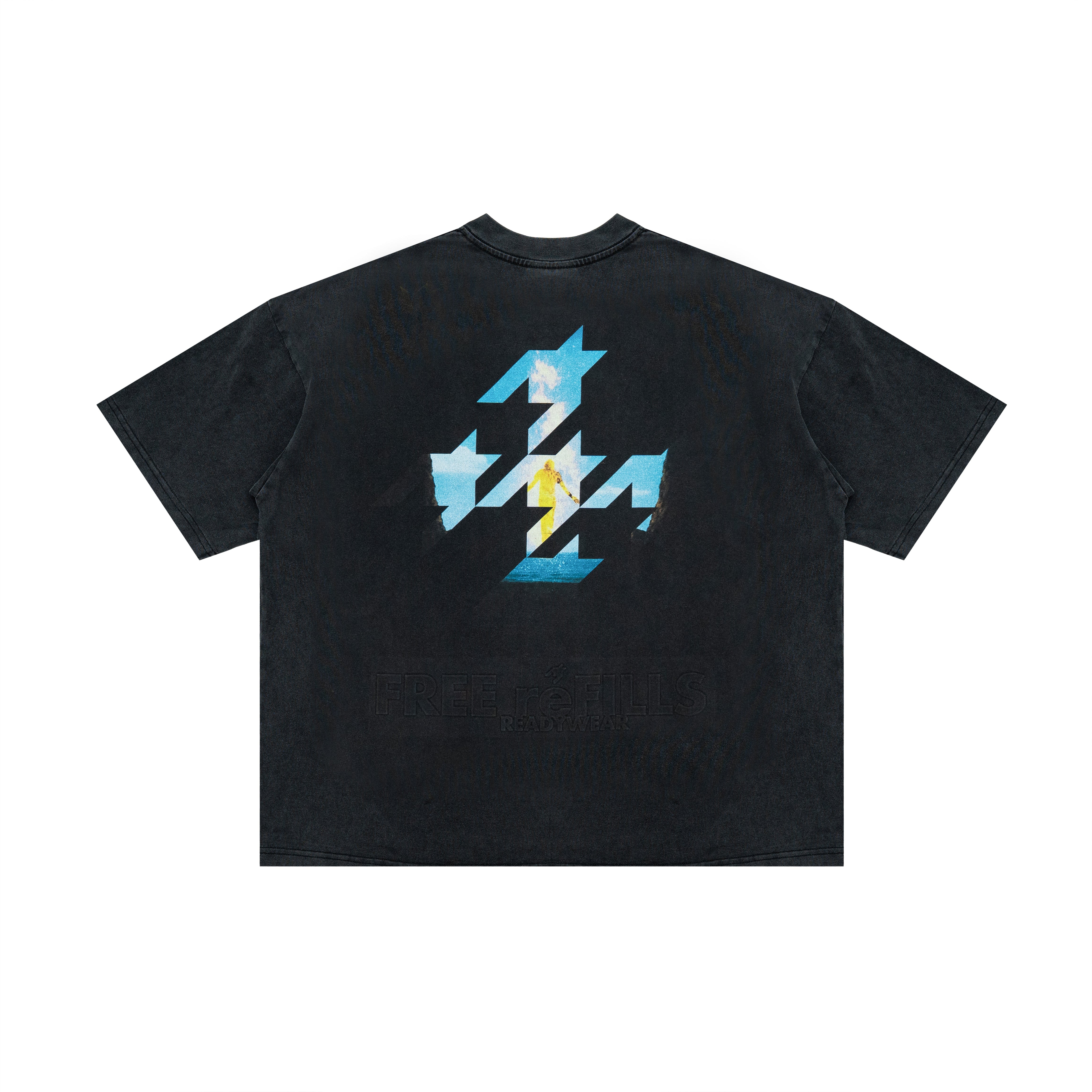 A black short-sleeve t-shirt shown from the back, featuring a large graphic print of stylized blue and light blue letters with a small yellow accent in the center, set against a plain white background.