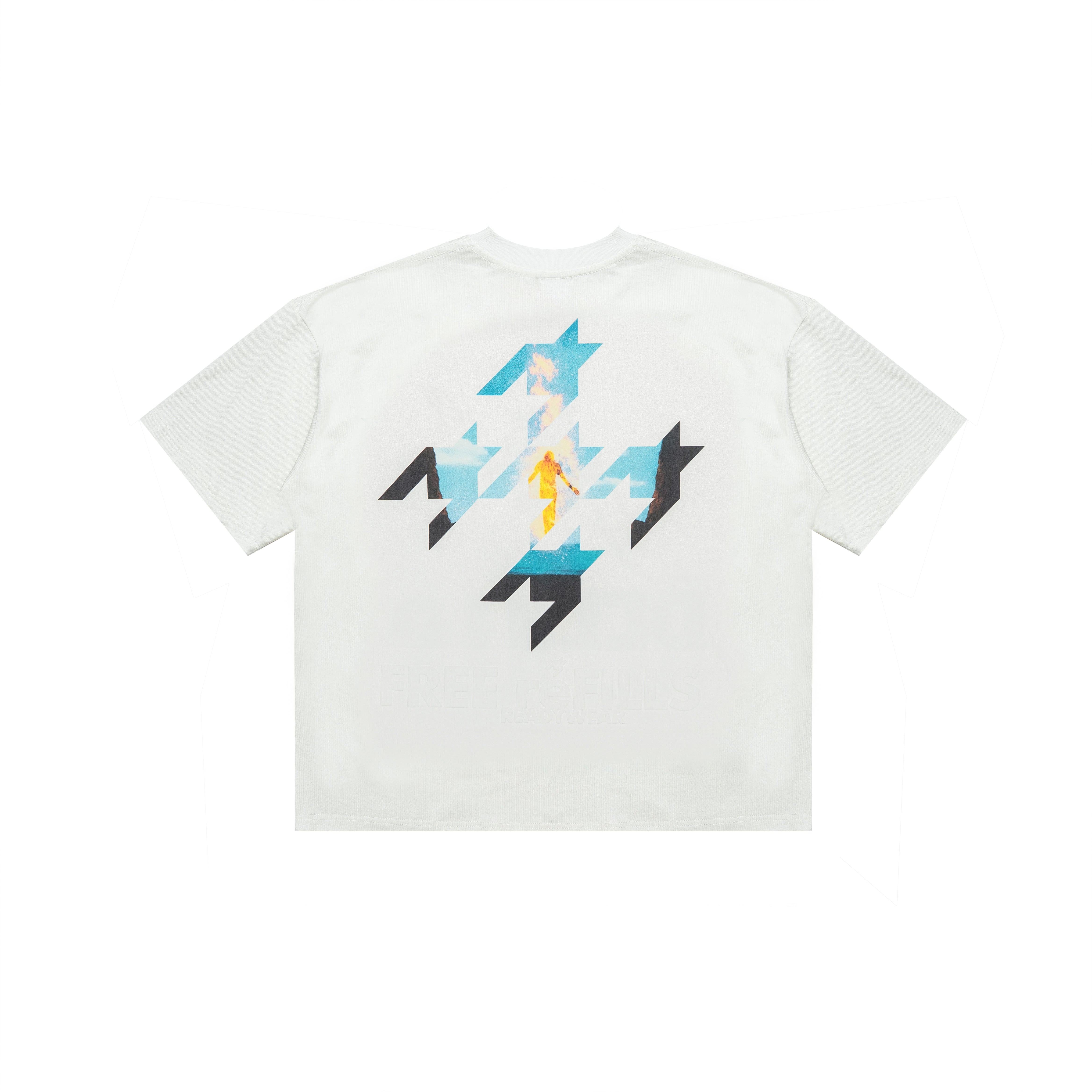 A white short-sleeve t-shirt shown flat against a white background, featuring a large graphic print on the back with geometric shapes in blue, black, and a small yellow figure.