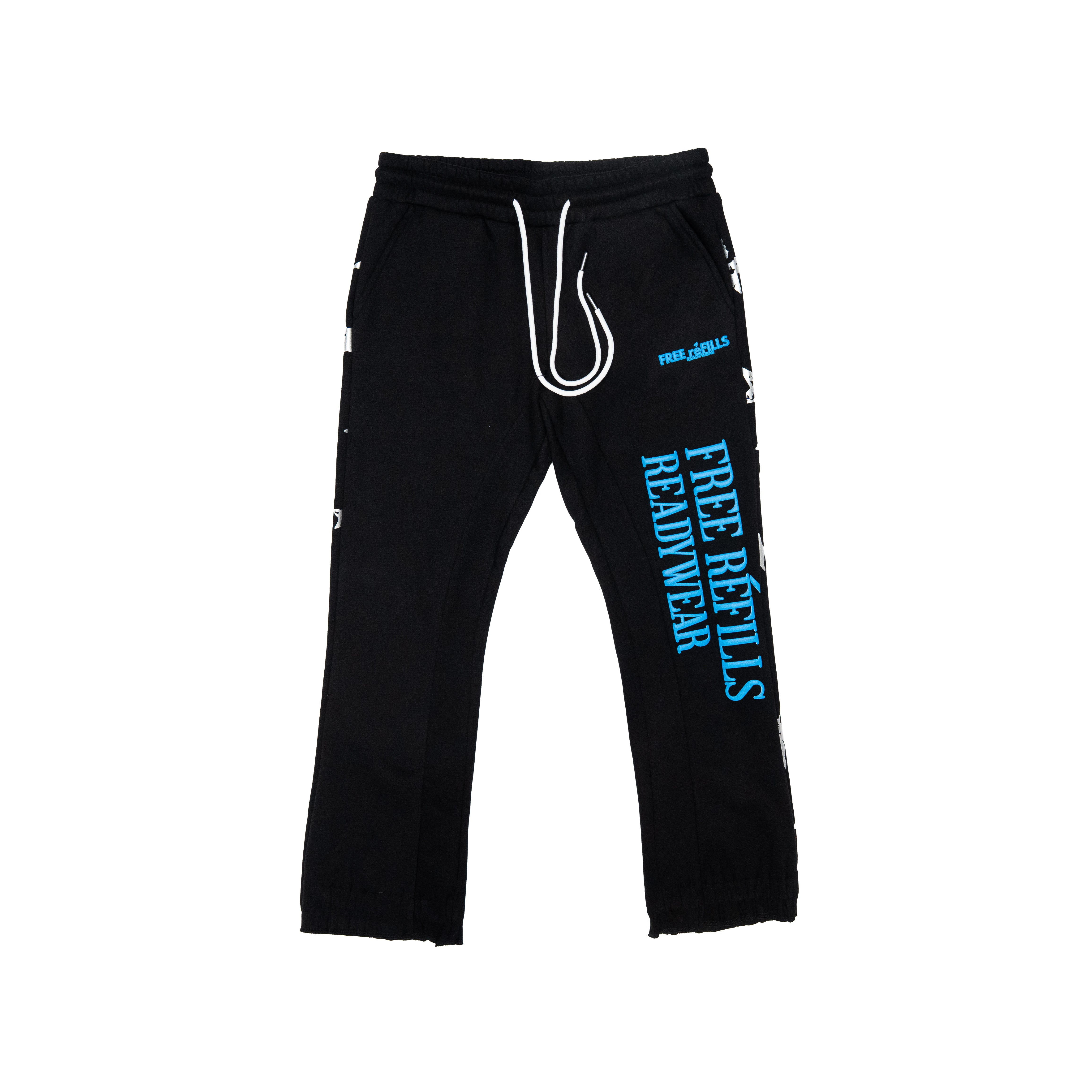 Black sweatpants with a white drawstring, featuring vertical blue text reading 'FREE REFILLS READY WEAR' on the left leg and small blue branding on the right thigh, shown against a plain white background.