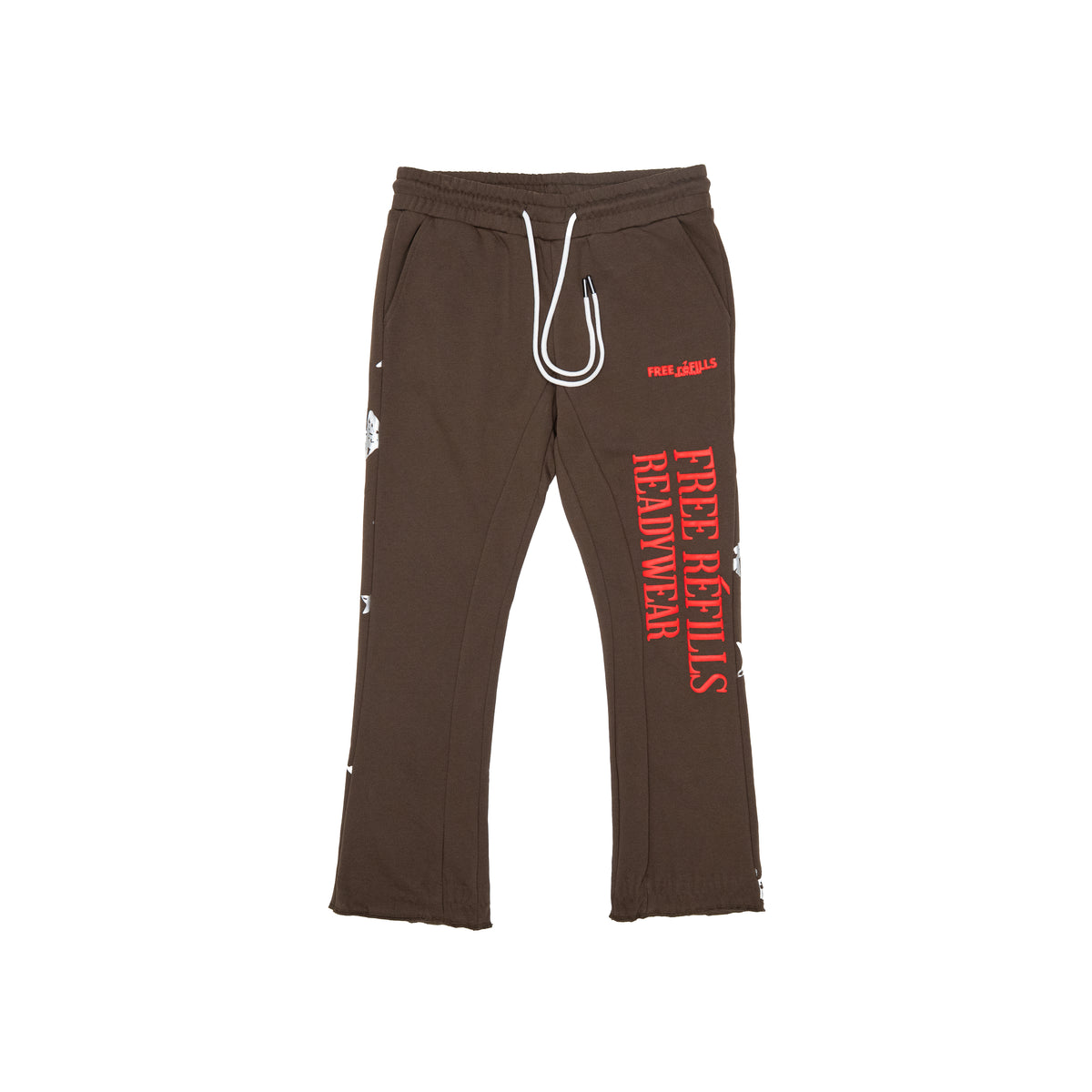 Brown sweatpants with white drawstrings, featuring red vertical 'FREE REFILLS READYWEAR' text on the left leg and small red/white graphics on the right leg, shown against a plain white background.