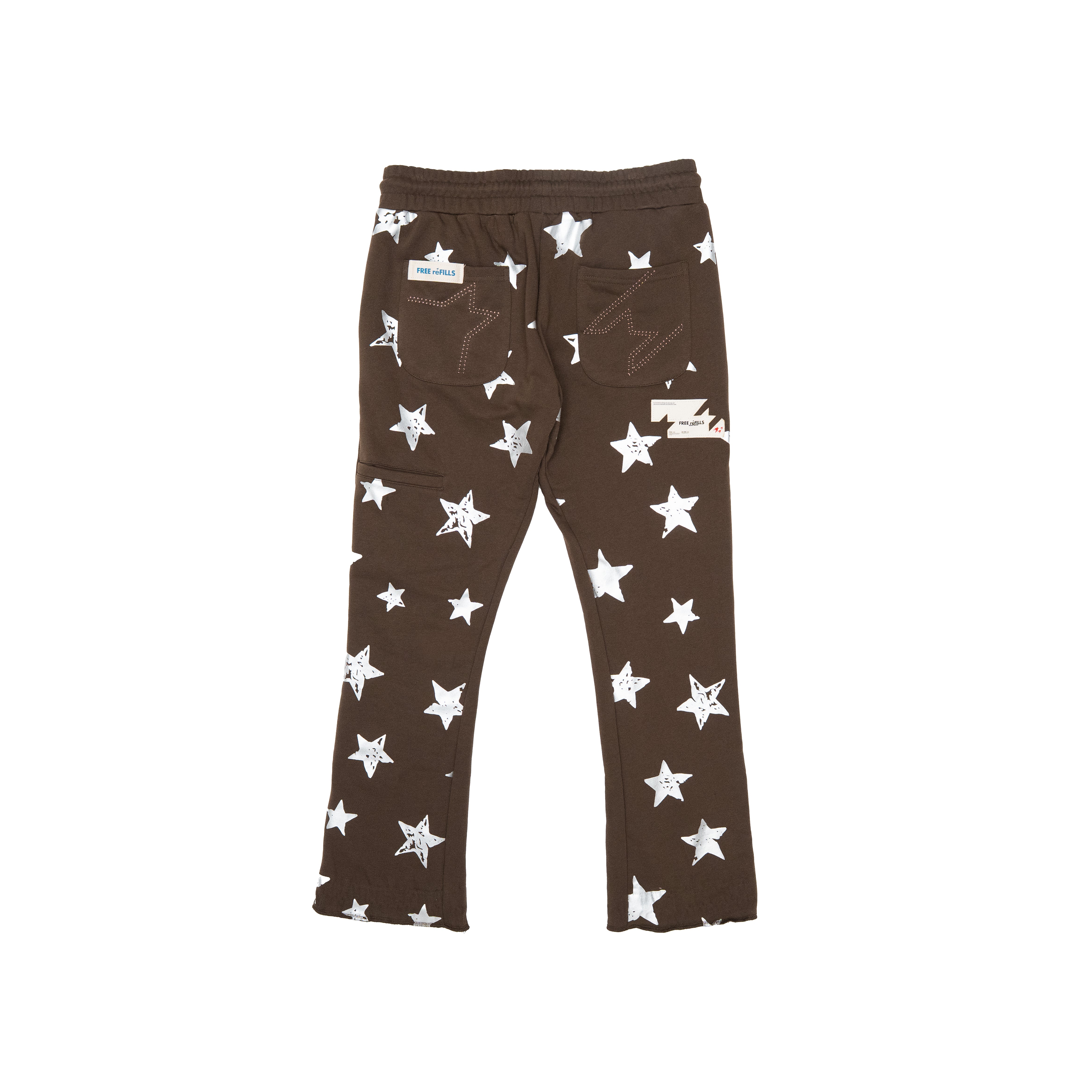 A pair of dark brown sweatpants with an all-over white star pattern, featuring an elastic waistband and back pockets, shown against a plain white background.