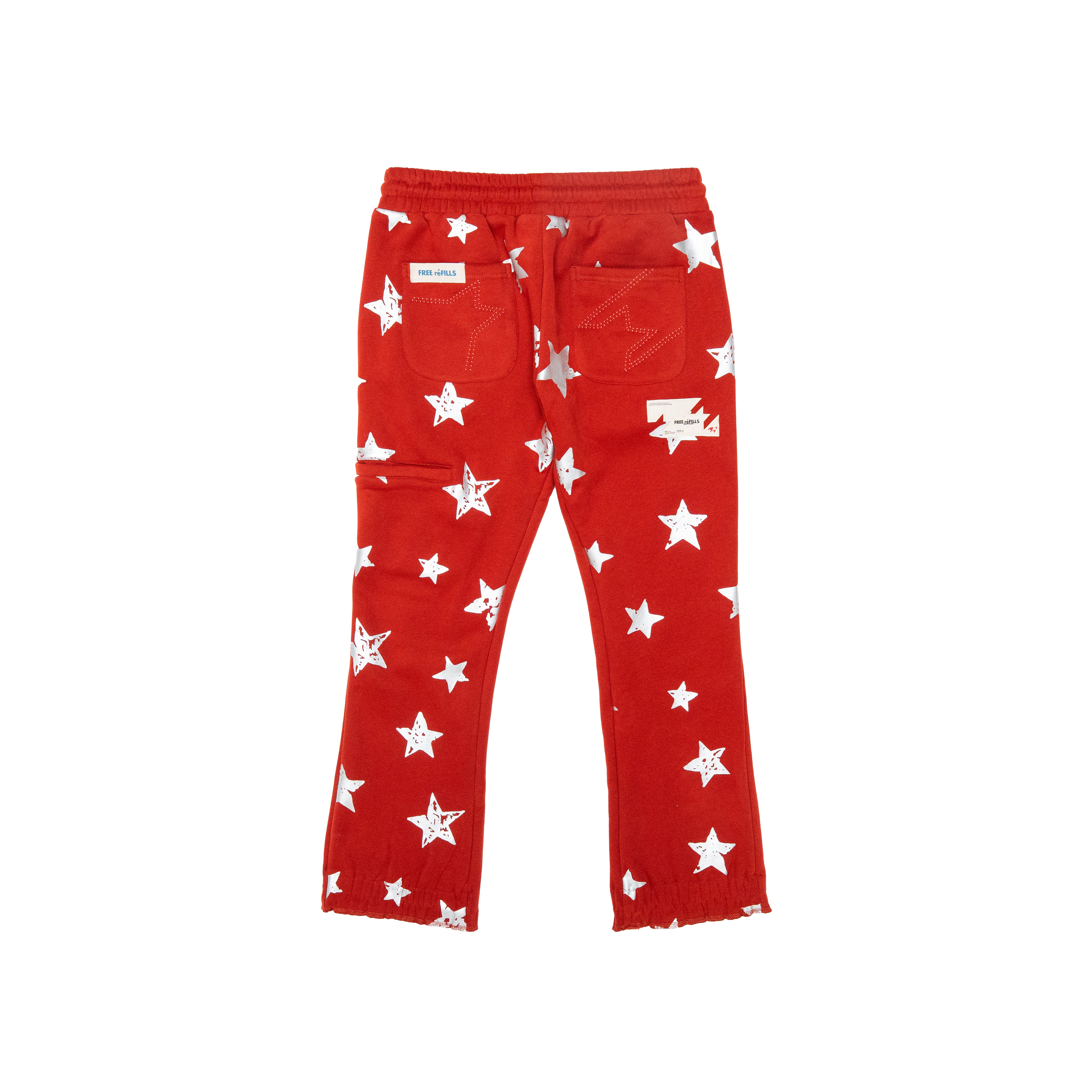 Red pants with a white star pattern, featuring a drawstring waist, cargo pockets, and a raw frayed hem, shown flat on a white background.