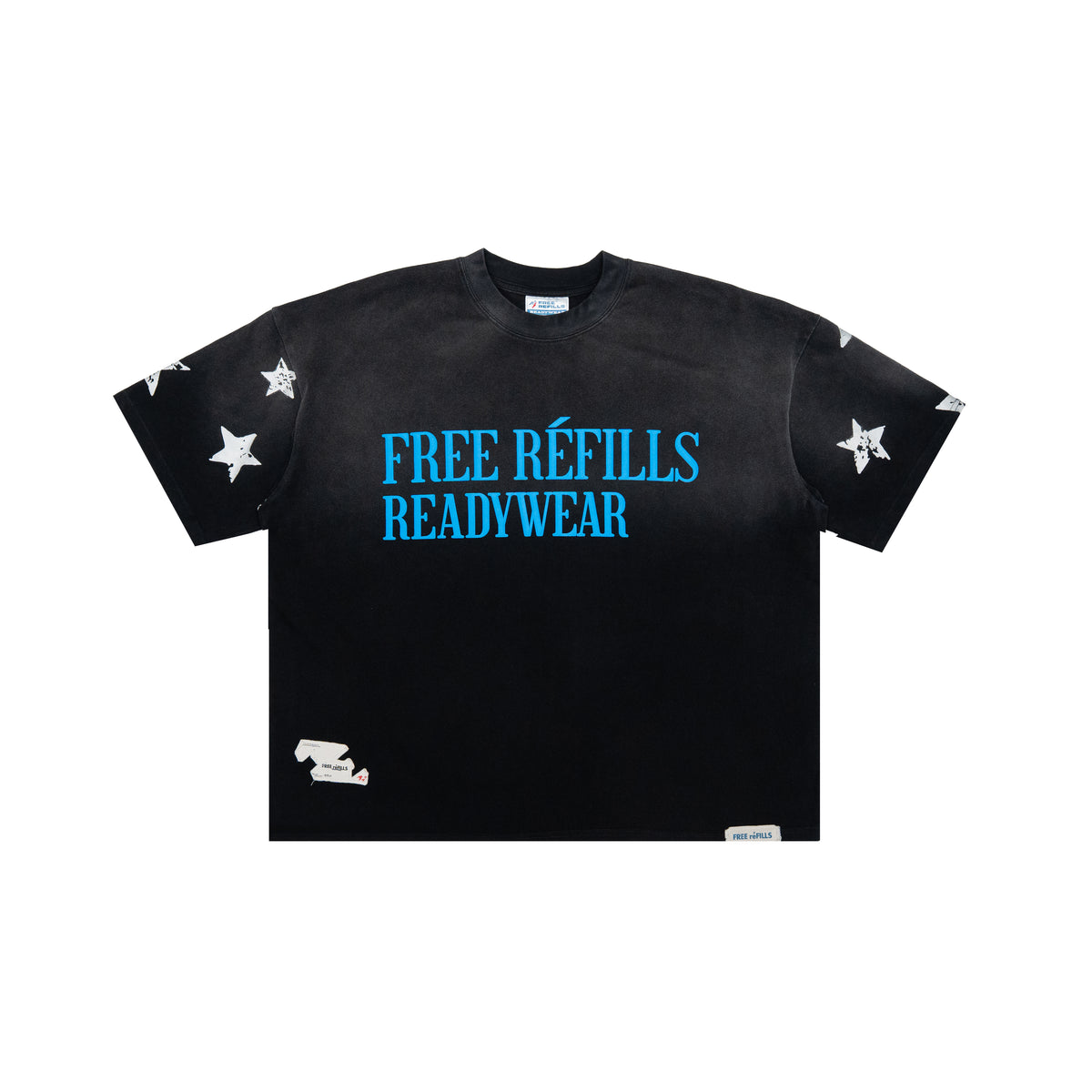 A black short-sleeve t-shirt with distressed details, featuring the text 'FREE RÉFILLS READYWEAR' in bright blue on the chest, white star graphics on the sleeves, and a small white graphic near the bottom left hem, shown against a plain white background.