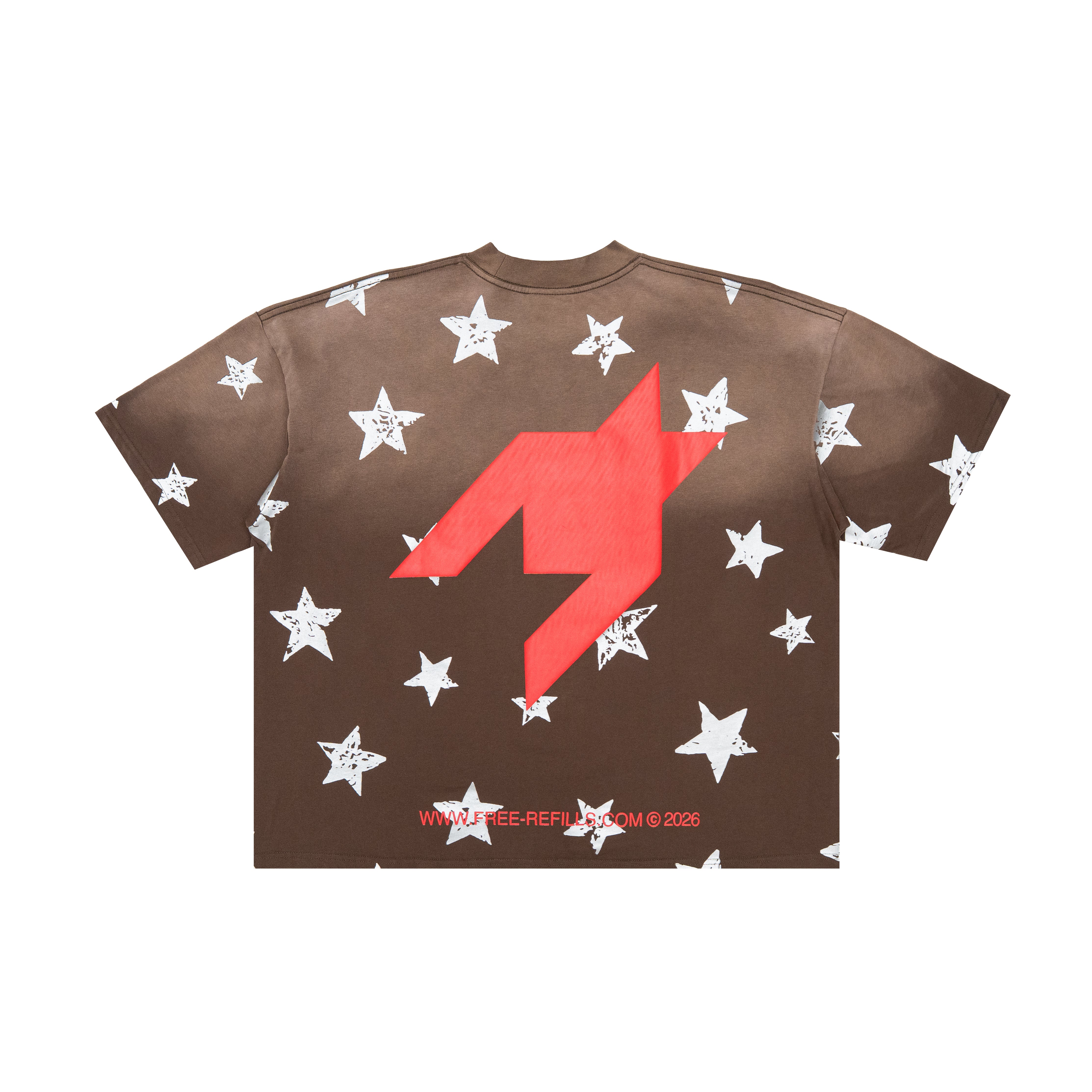 A brown short-sleeve t-shirt with a red lightning bolt graphic and white distressed stars printed all over it, shown flat against a white background.