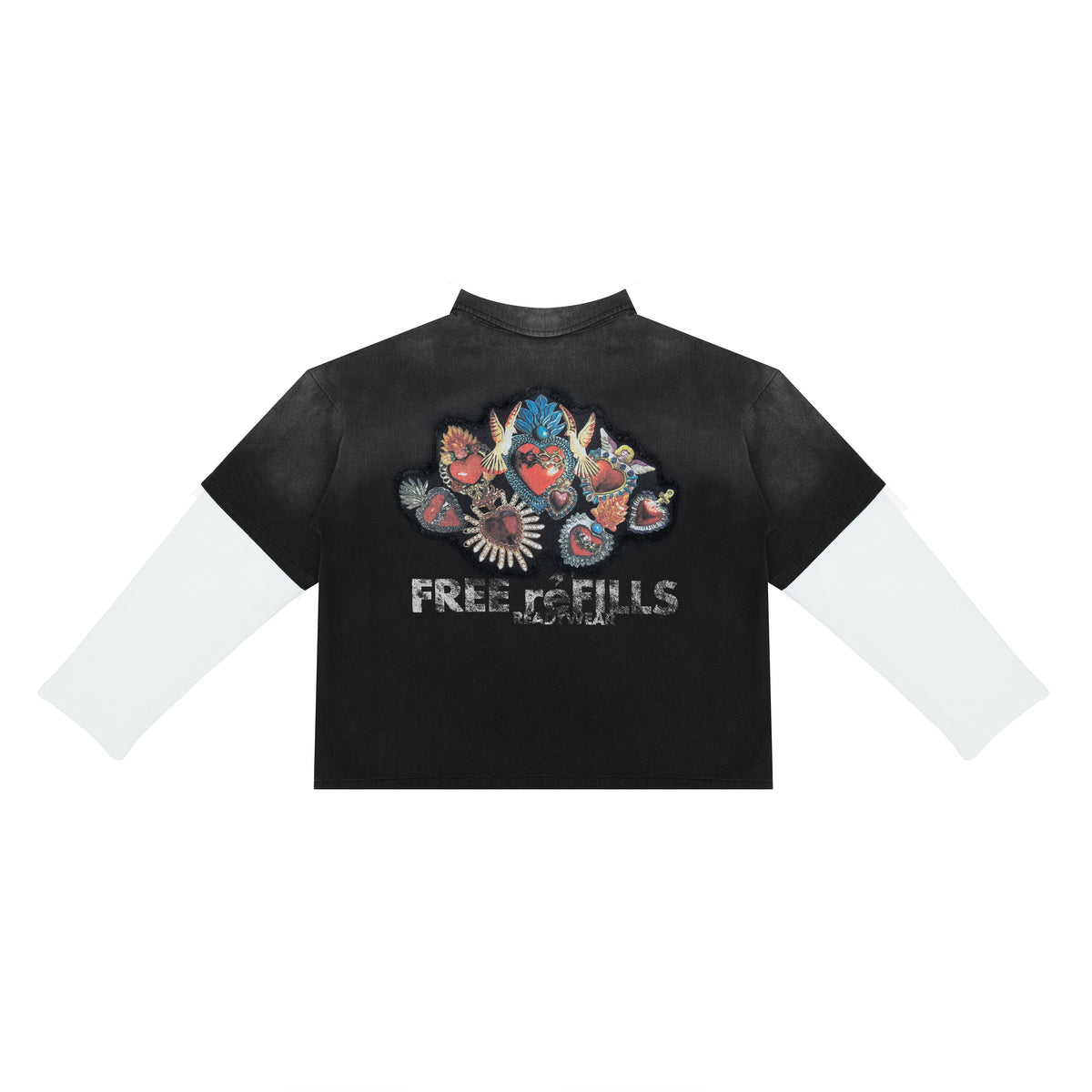 A black short-sleeve crop top with a mock neck, featuring a colorful graphic of butterflies and hearts on the chest with the text 'FREE REFILLS' underneath, shown on a plain white background.
