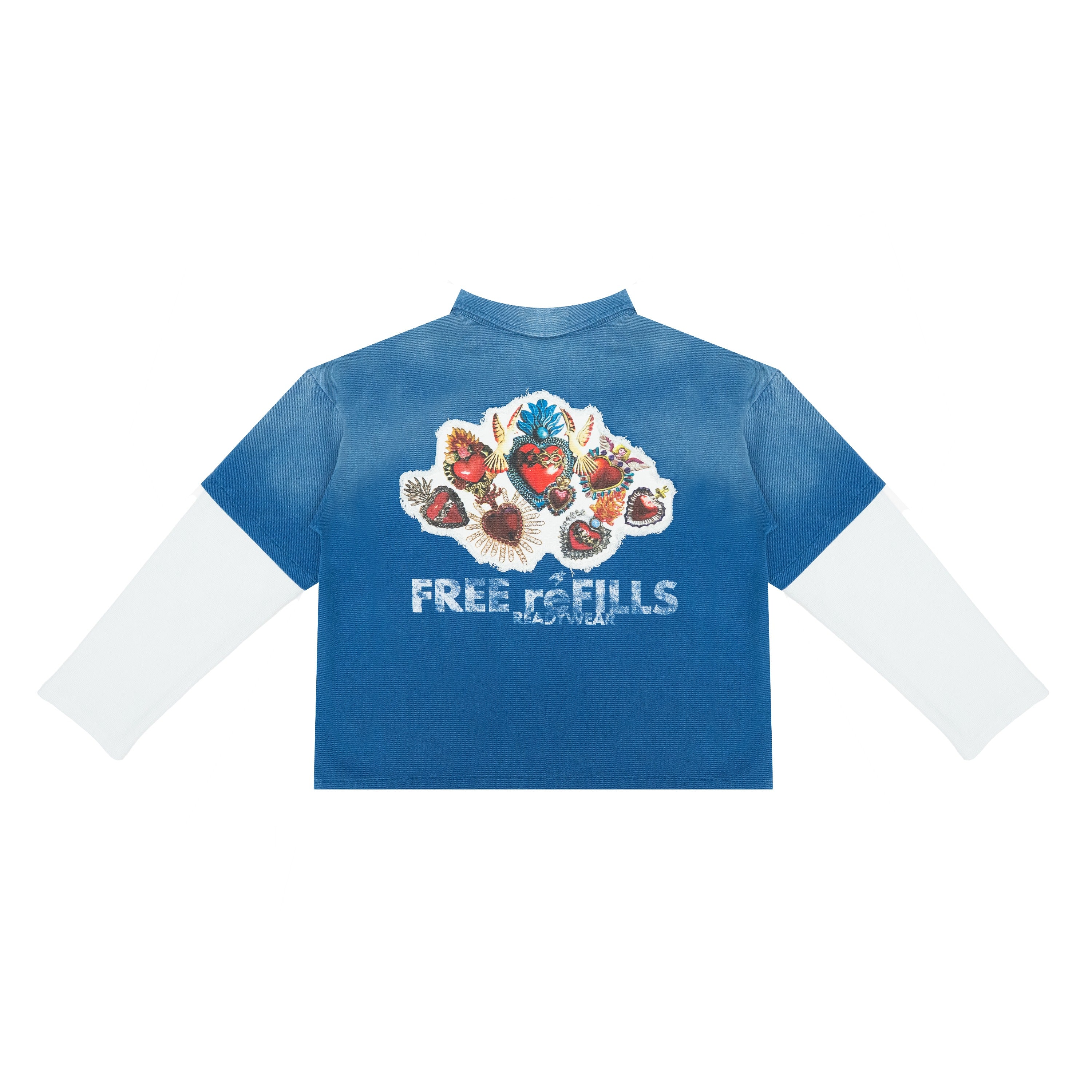 A blue long-sleeve t-shirt with a white crew neck, featuring a graphic of colorful religious medals and the text 'FREE refills' on the back.