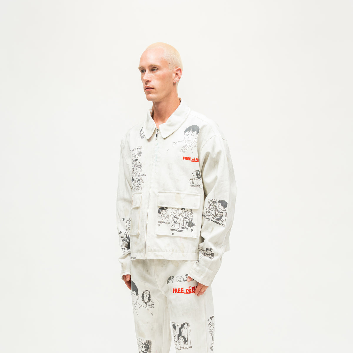 Miracle Jacket – Off White – Three-quarter view on model showing collar, illustrated sleeve, and front pockets