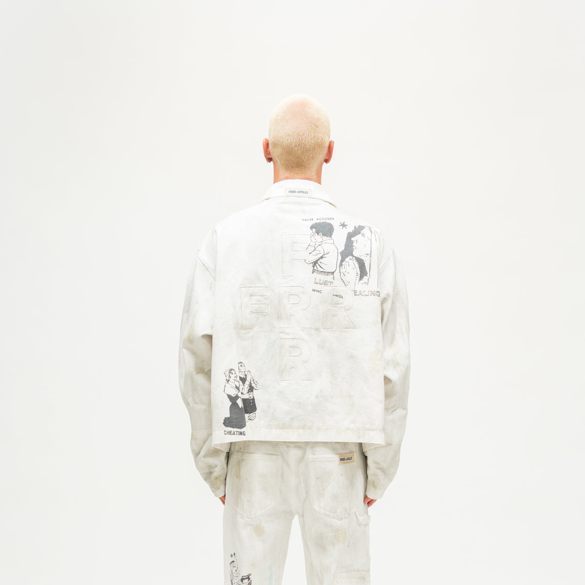 Miracle Jacket – Off White – Back view on model showing tonal FRR lettering and illustrated graphics