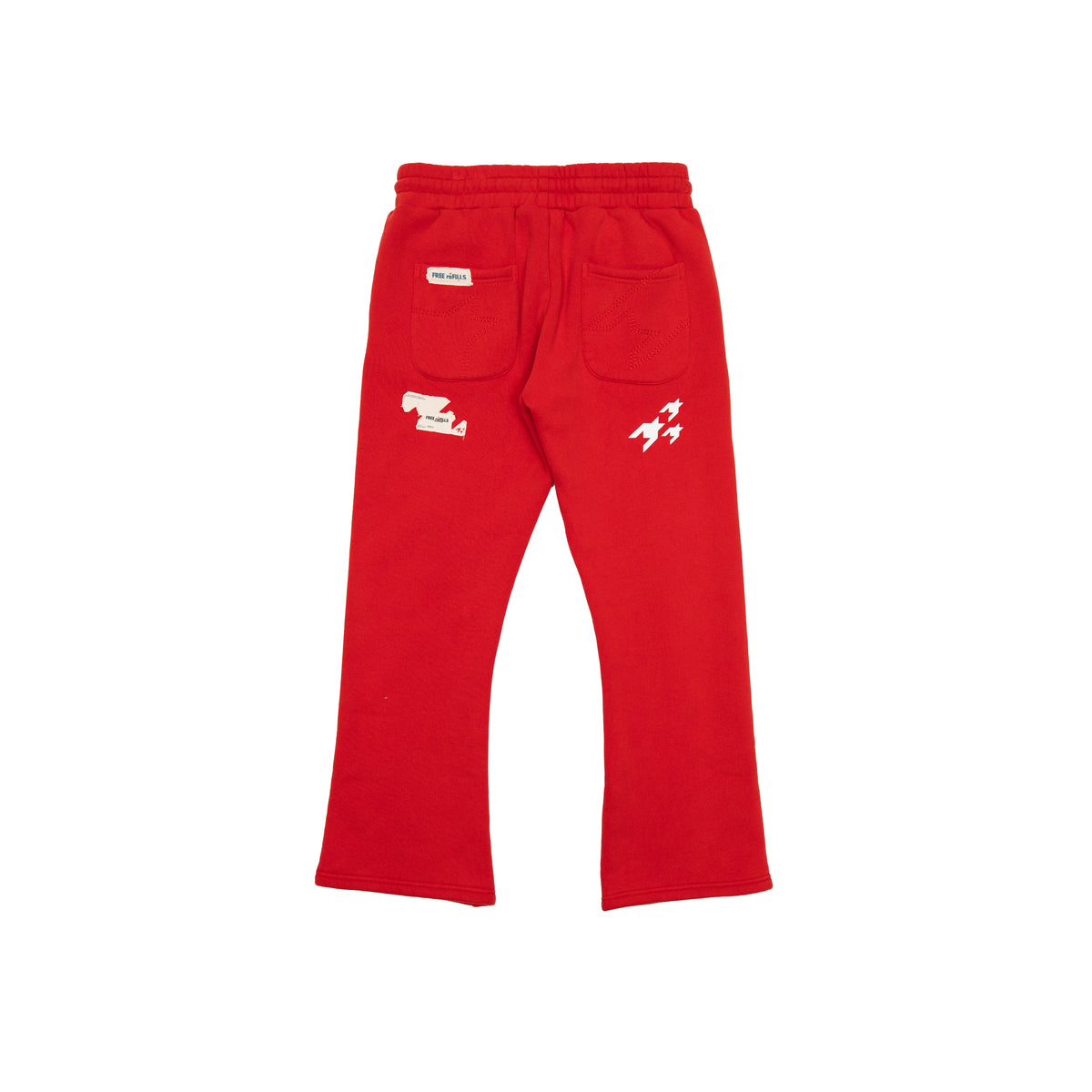 Sunday Service Flare Bottoms – Red – Back flat lay showing patch pockets, labels and white graphics