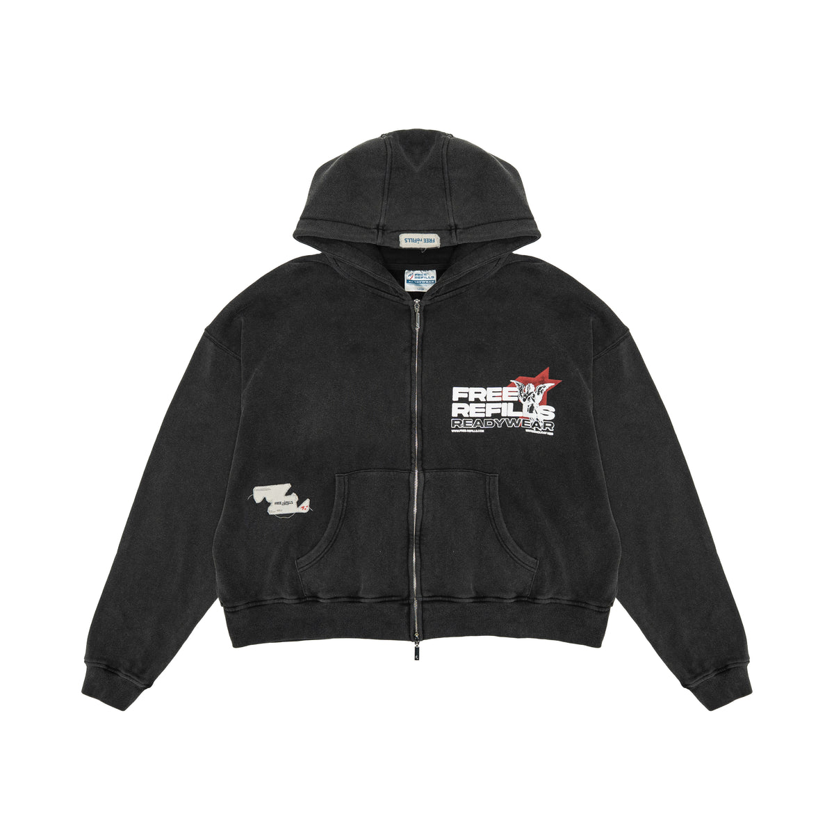 Sunday Service Hoodie – Black – Front flat lay showing zip closure, chest graphic and front pockets