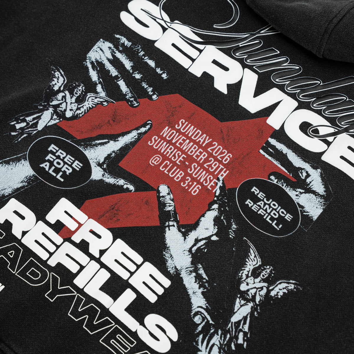 Sunday Service Hoodie – Black – Close-up of Sunday Service back print with hands, cherubs and red graphic