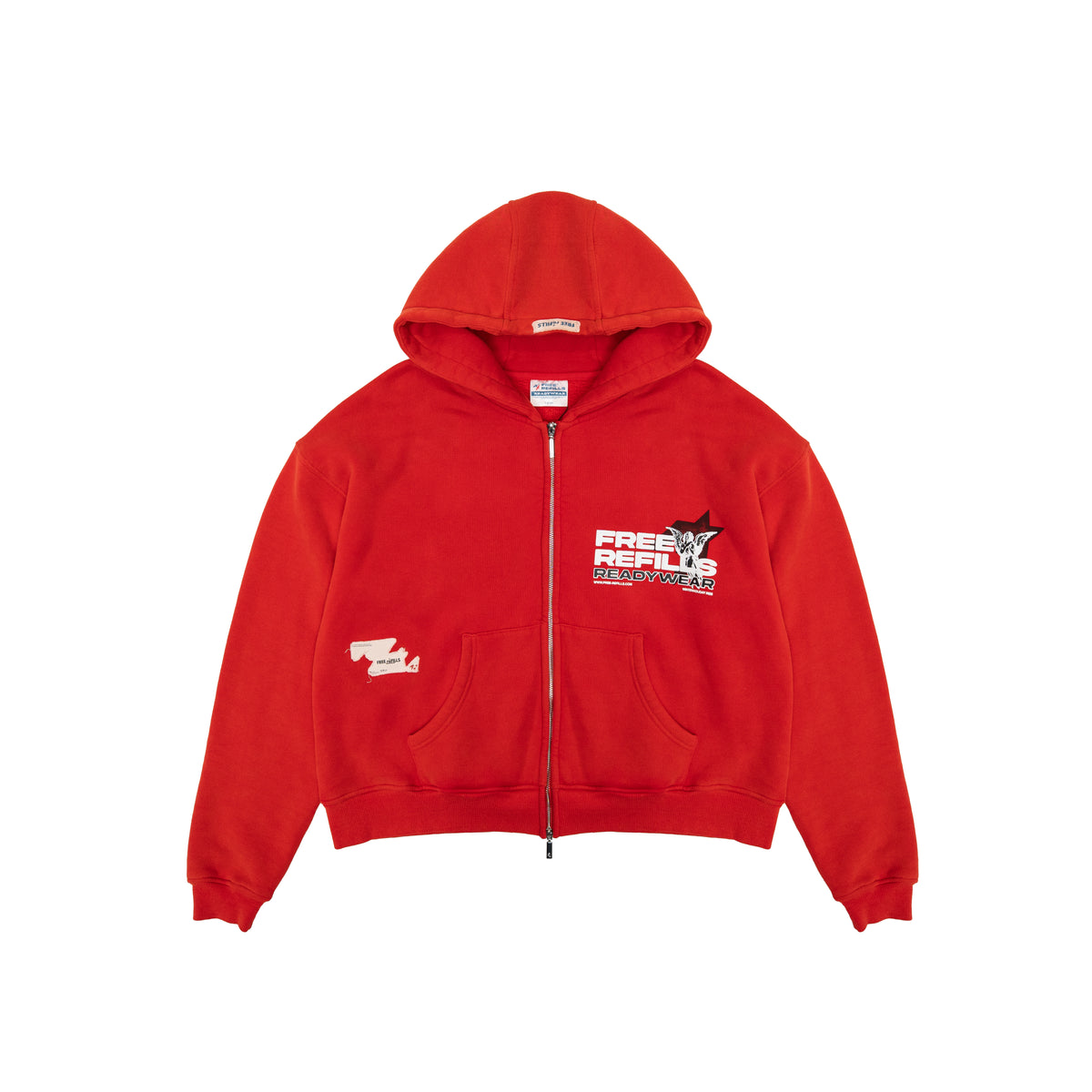 Sunday Service Hoodie – Red – Front flat lay showing zip closure, chest graphic and front pockets