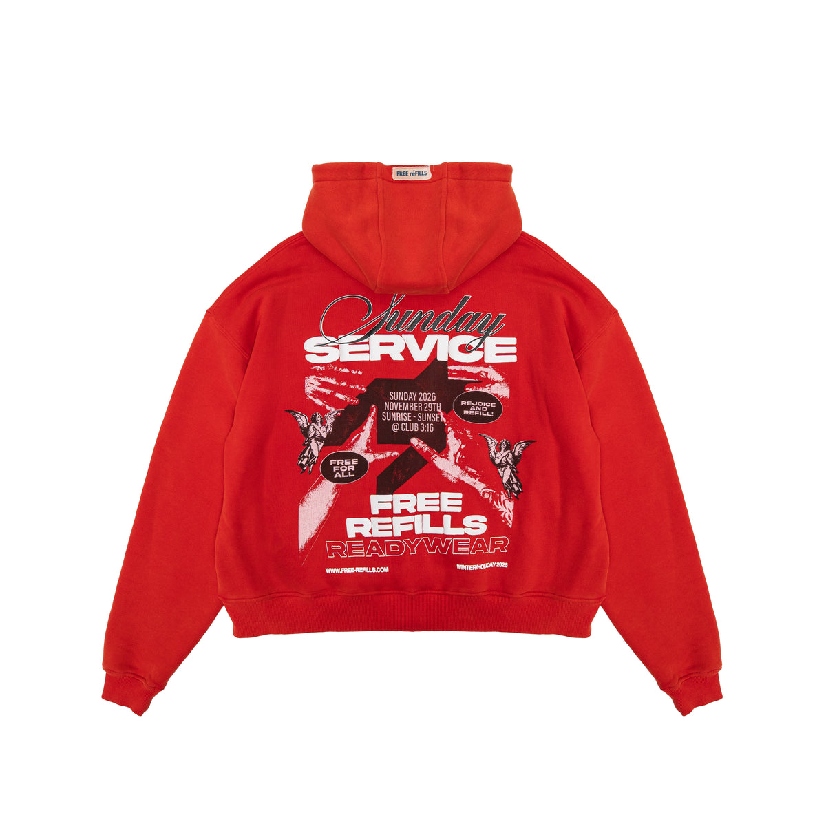 Sunday Service Hoodie – Red – Back flat lay showing Sunday Service lettering, hands and cherub graphics