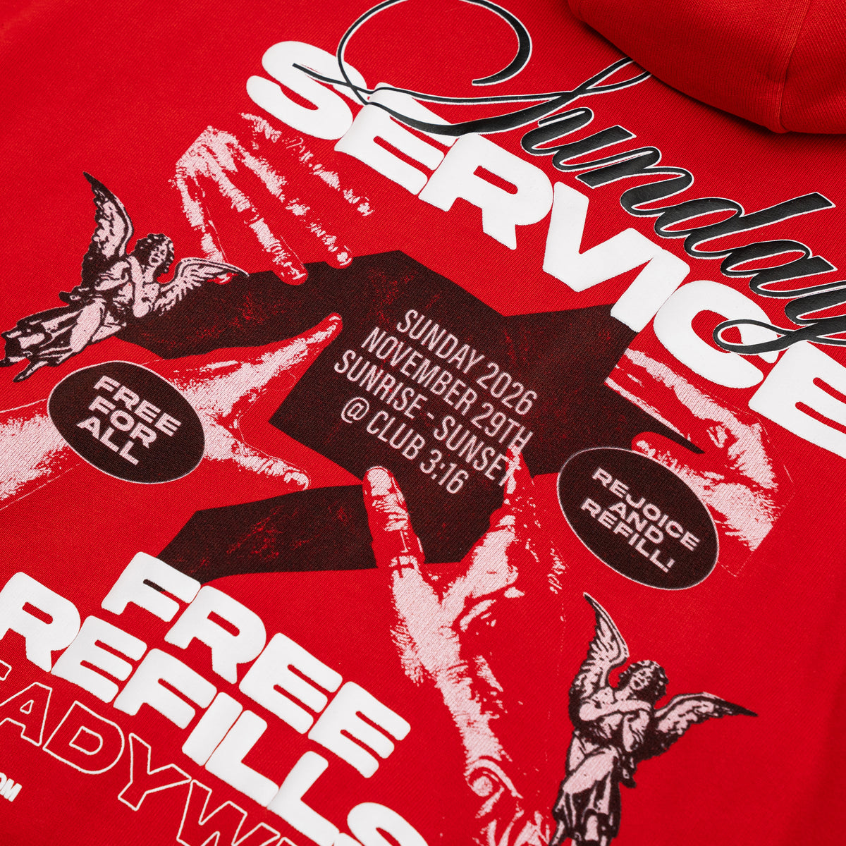 Sunday Service Hoodie – Red – Close-up of Sunday Service back print with hands, cherubs and black graphic