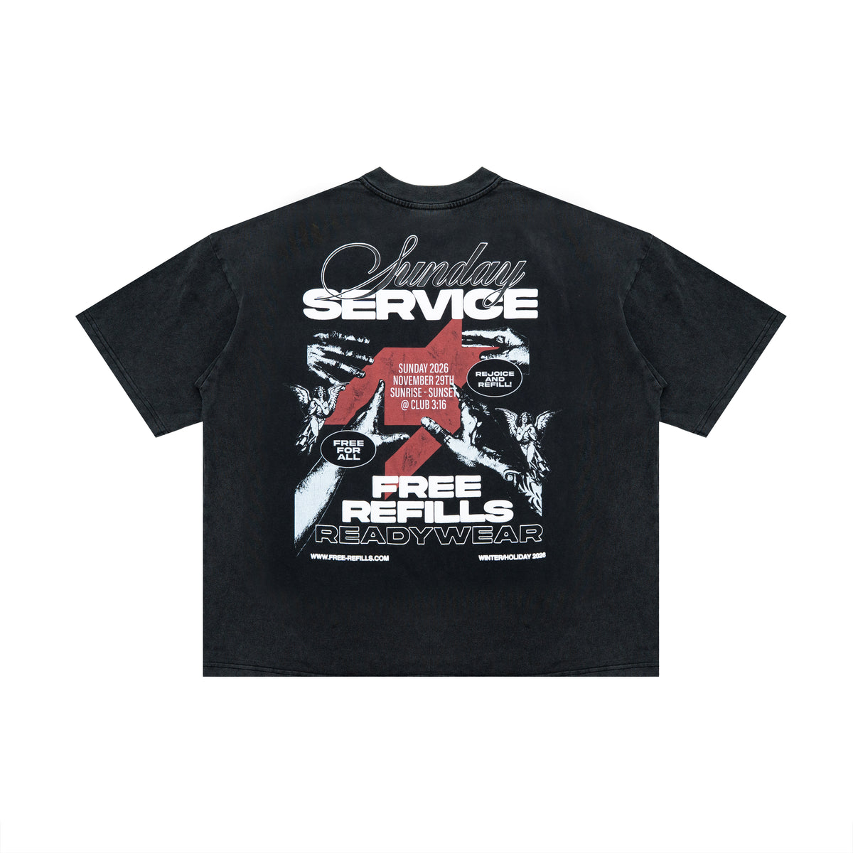 Sunday Service Tee – Black – Back flat lay showing Sunday Service lettering, hands and cherub graphics