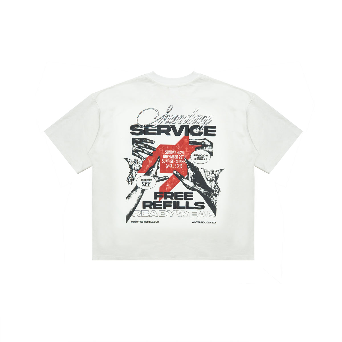 Sunday Service Tee – Cream – Back flat lay showing Sunday Service lettering, hands and cherub graphics