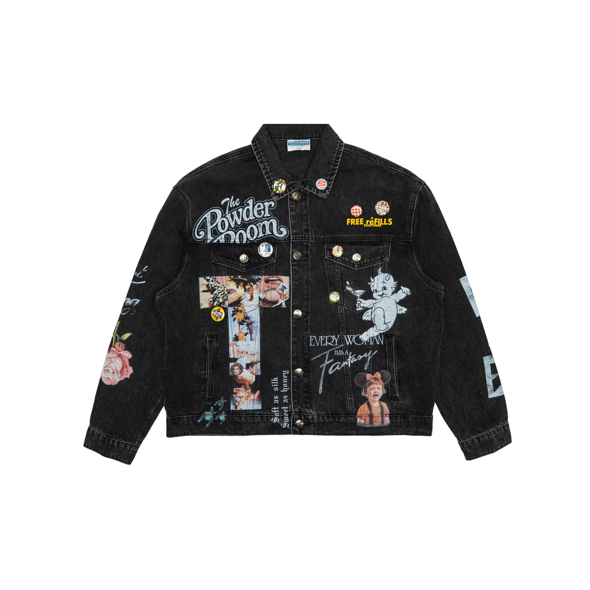 The Powder Room Jacket – Black – Front flat lay showing collar, chest pockets, graphic prints and decorative pins