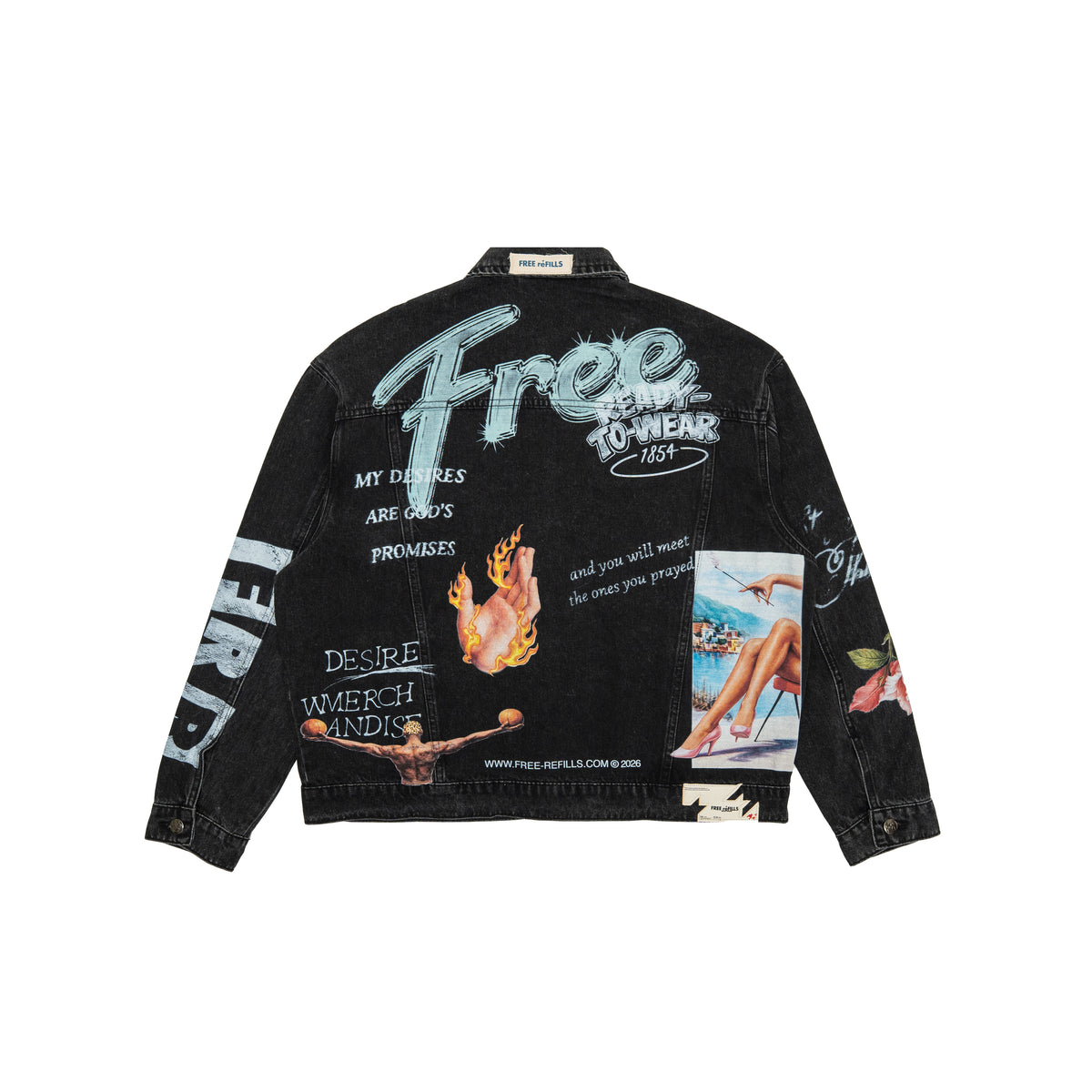 The Powder Room Jacket – Black – Back flat lay showing large Free lettering, flaming hand and collage graphics