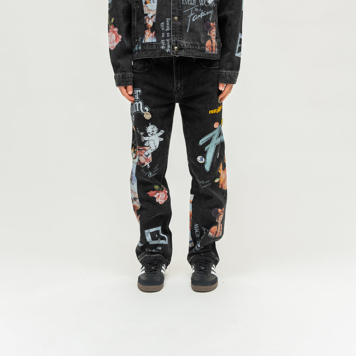 The Powder Room Jeans – Black – Front view on model showing collage prints and decorative pins