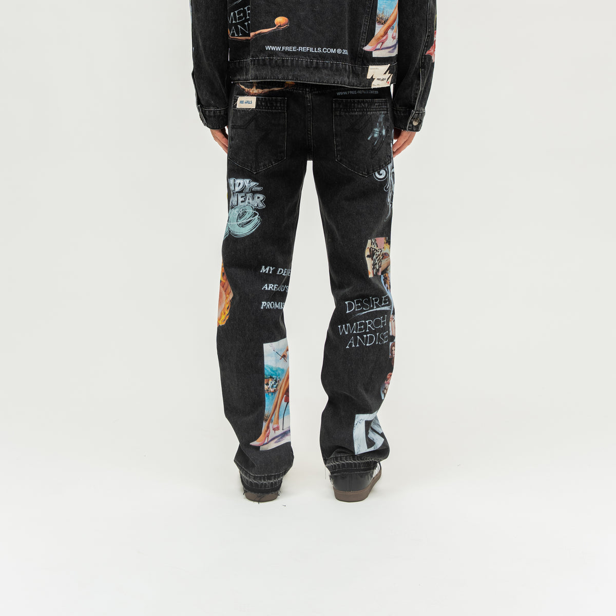 The Powder Room Jeans – Black – Back view on model showing patch pockets and collage prints